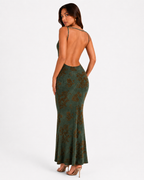 Minara Sage Green Floral Open-Back Maxi Dress