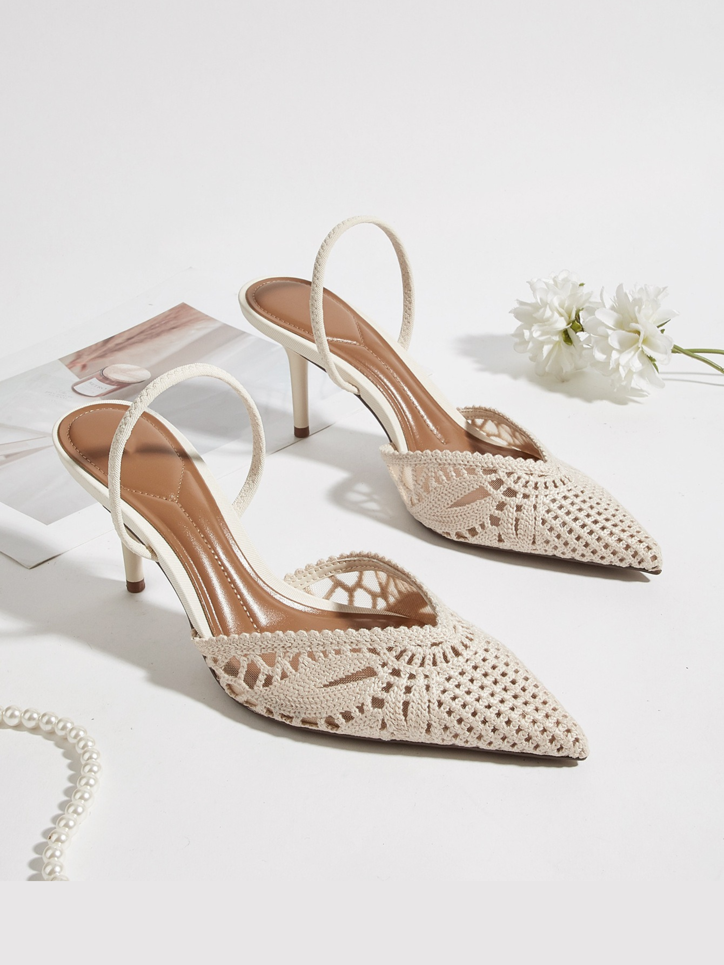 Soreya Pointed Toe Crochet Slingback Heels