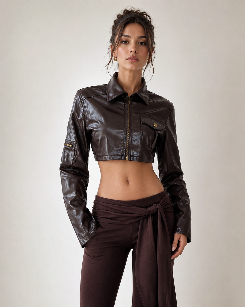 Ember Cropped Faux Leather Bomber Jacket