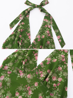 Yeli Olive Floral Halter Midi Dress