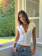 Lace-Trim Puff Sleeve Button Blouse