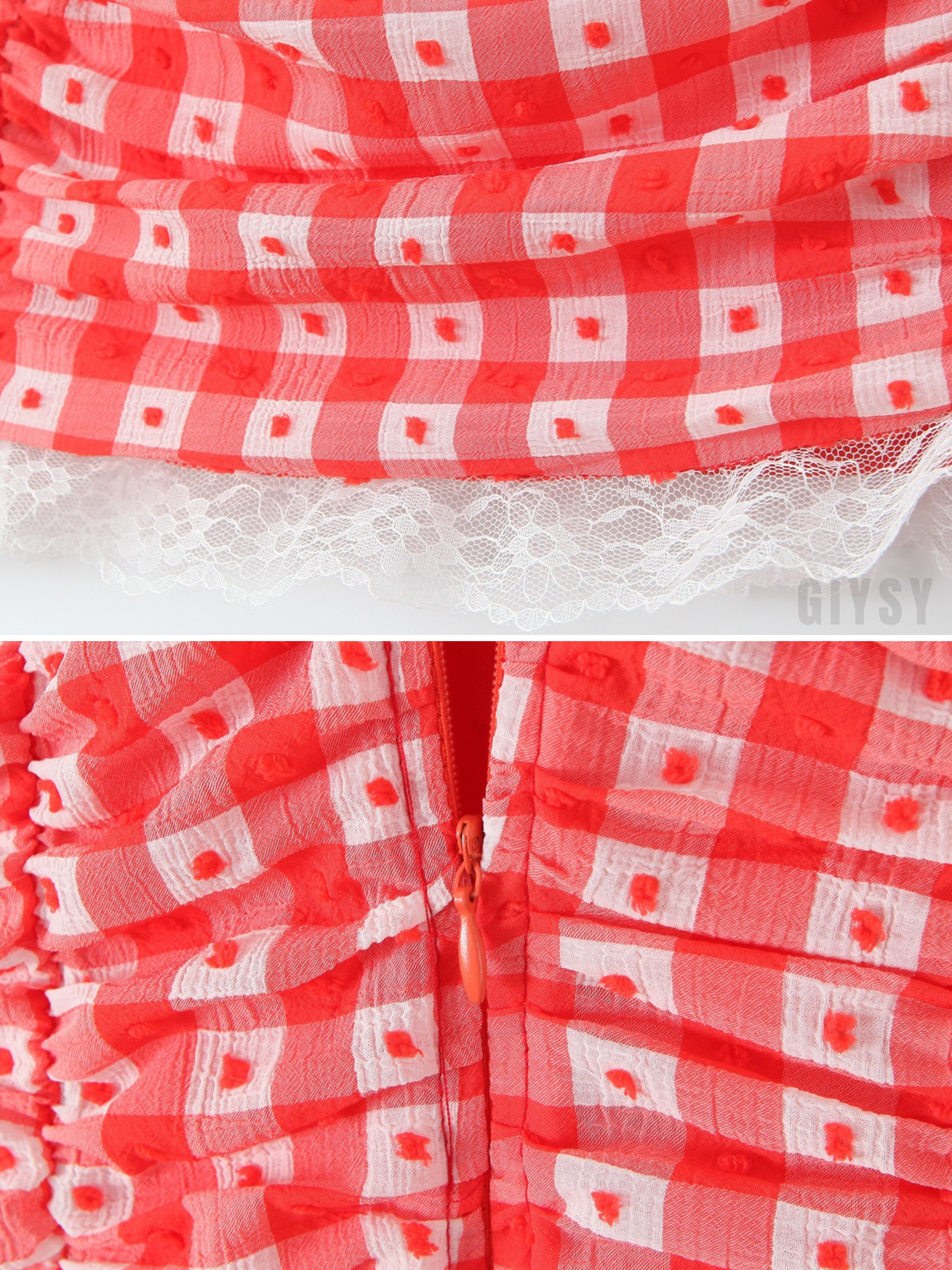 Althea Red Gingham Lace Trim Mini Dress