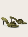 Delsa Olive Polka Dot Bow Mule Heels