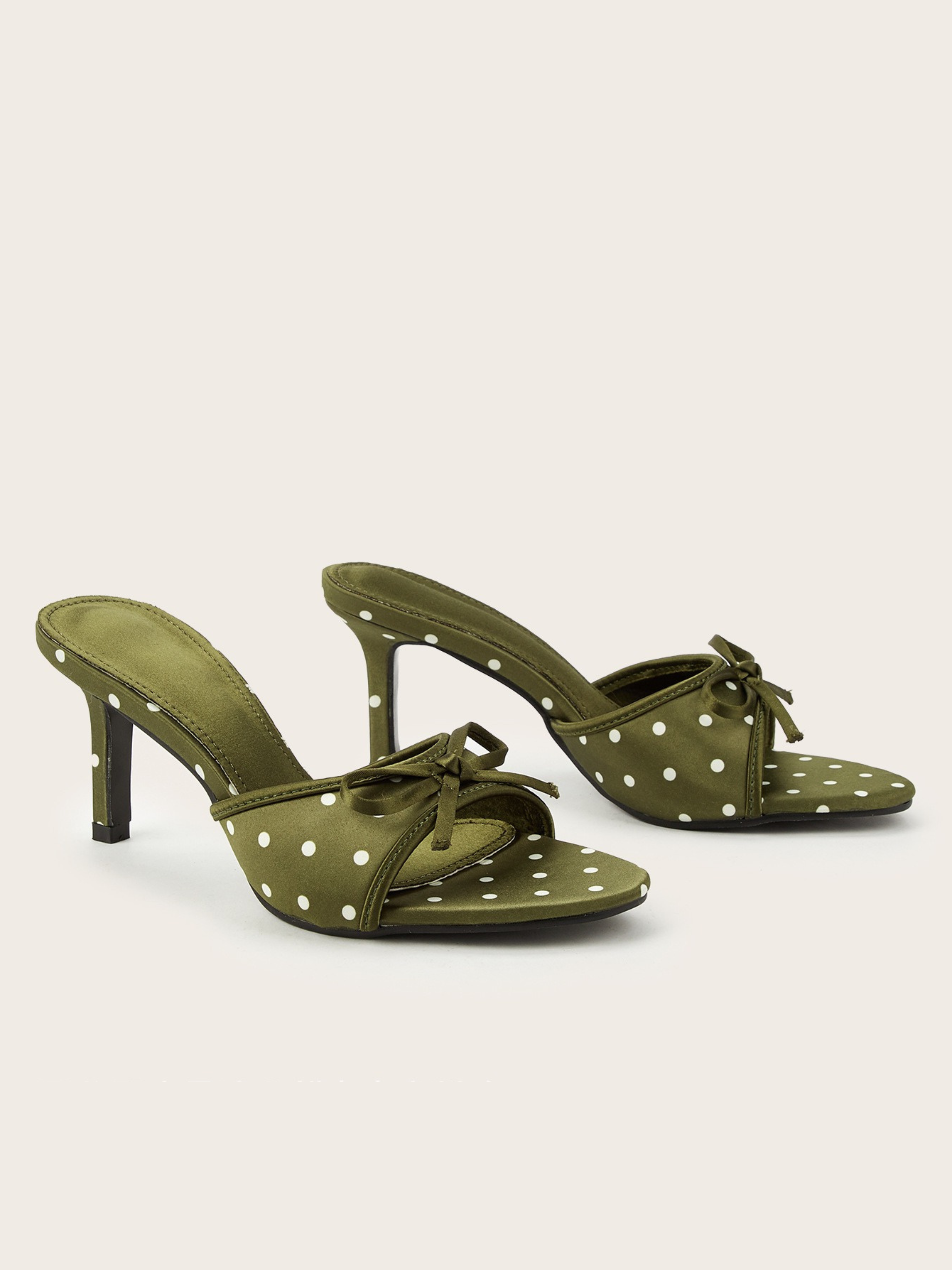 Delsa Olive Polka Dot Bow Mule Heels