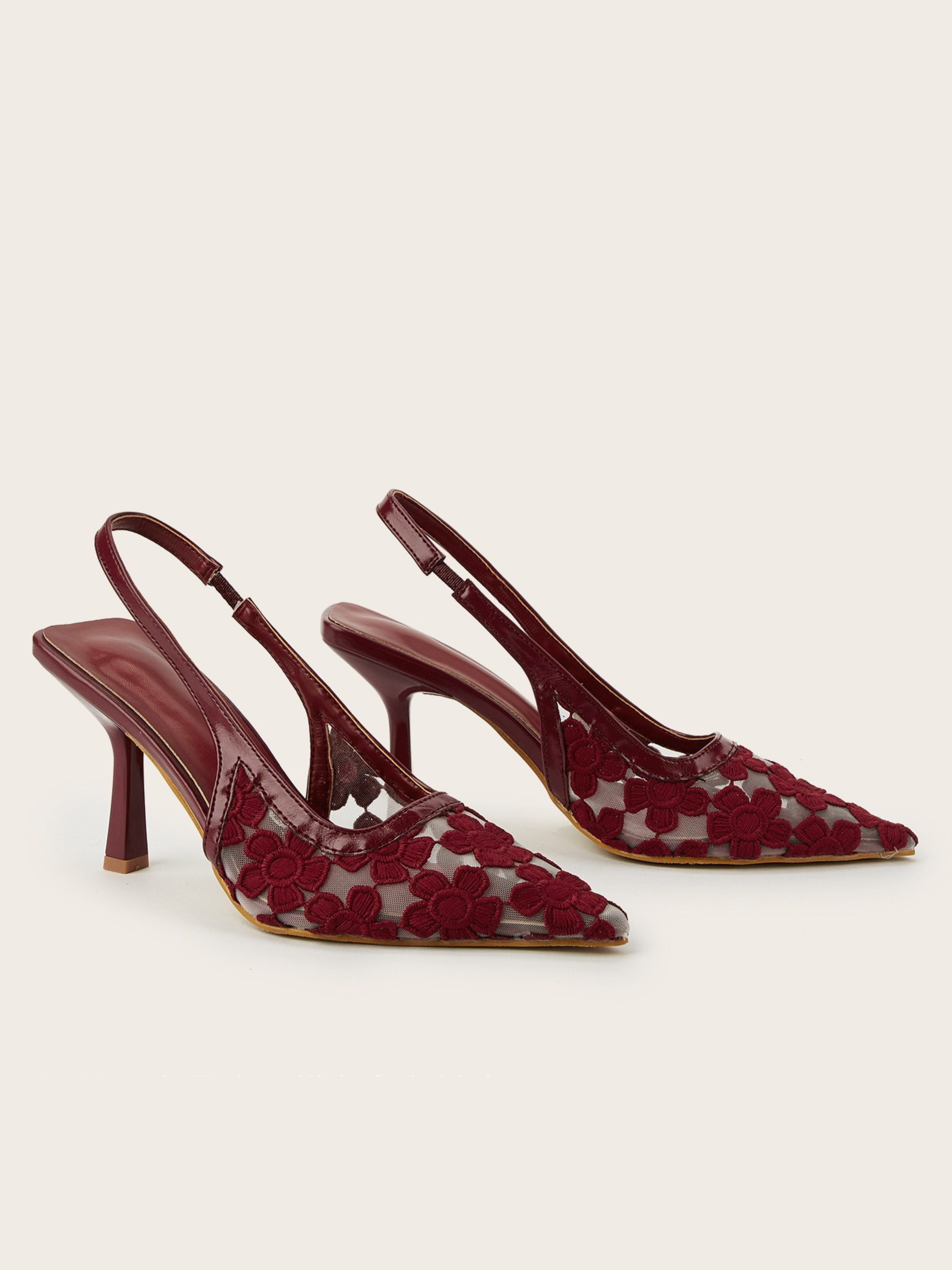 Cirelle Wine Floral Mesh Slingback Heels
