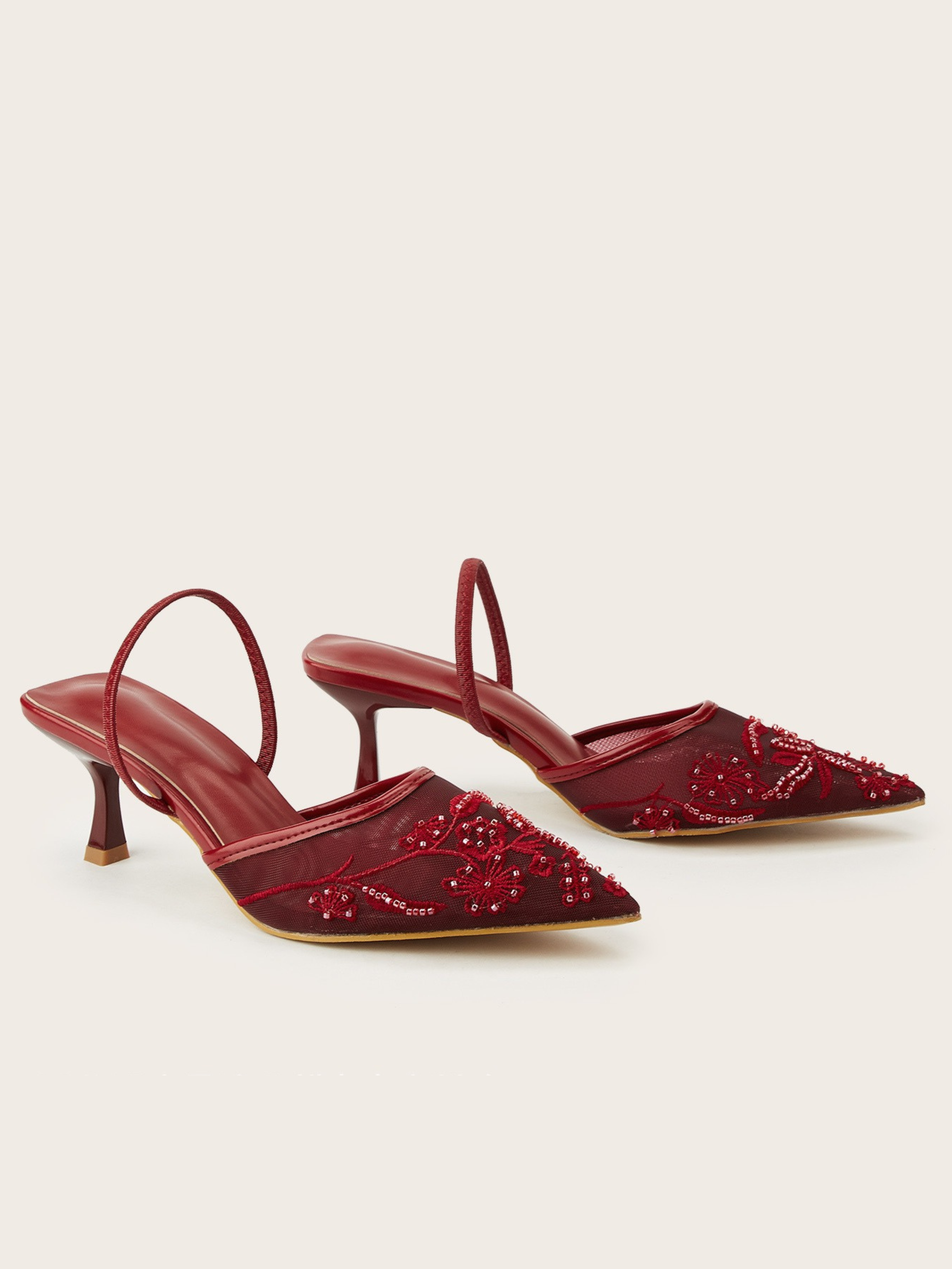 Tahlina Wine Embroidered Mesh Mule Heels