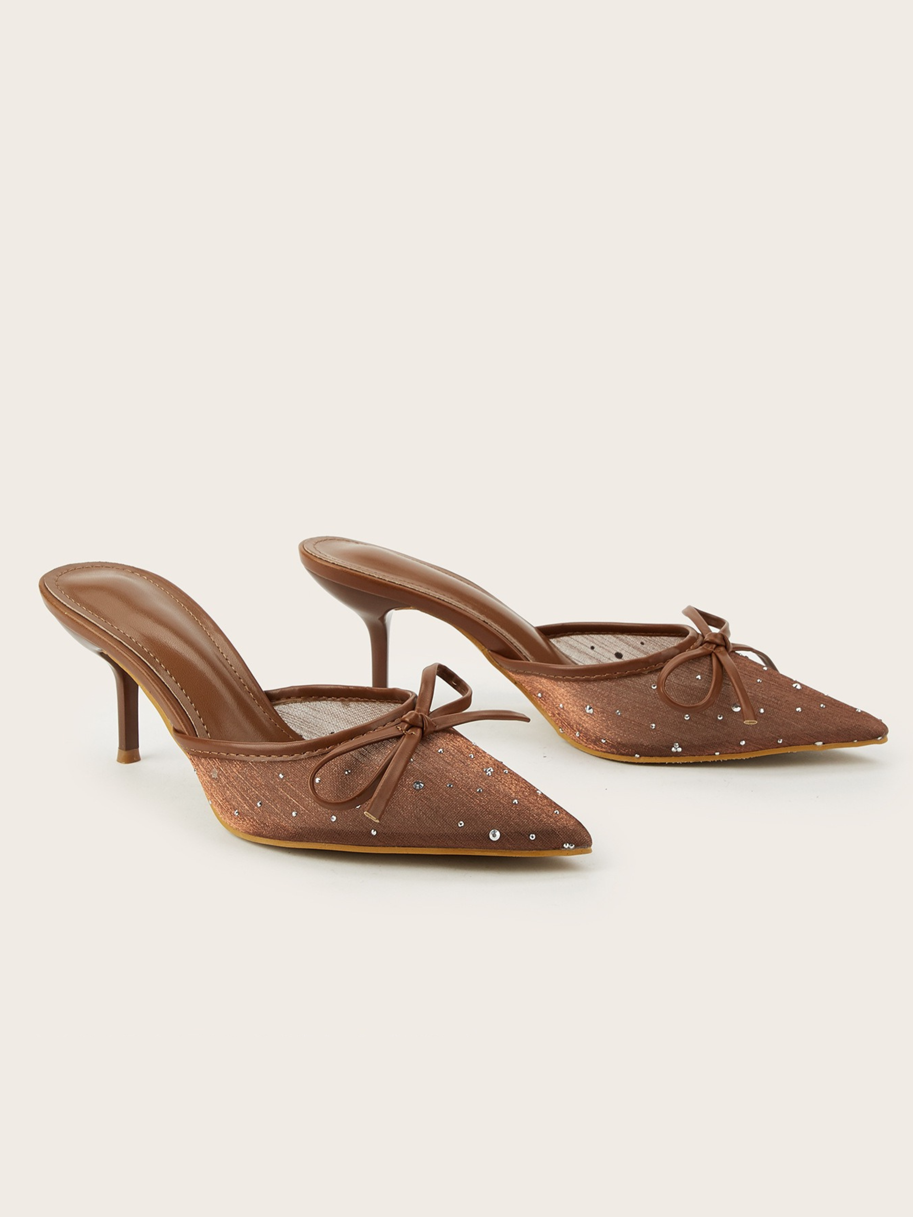 Blyra Mocha Rhinestone Bow Mule Heels