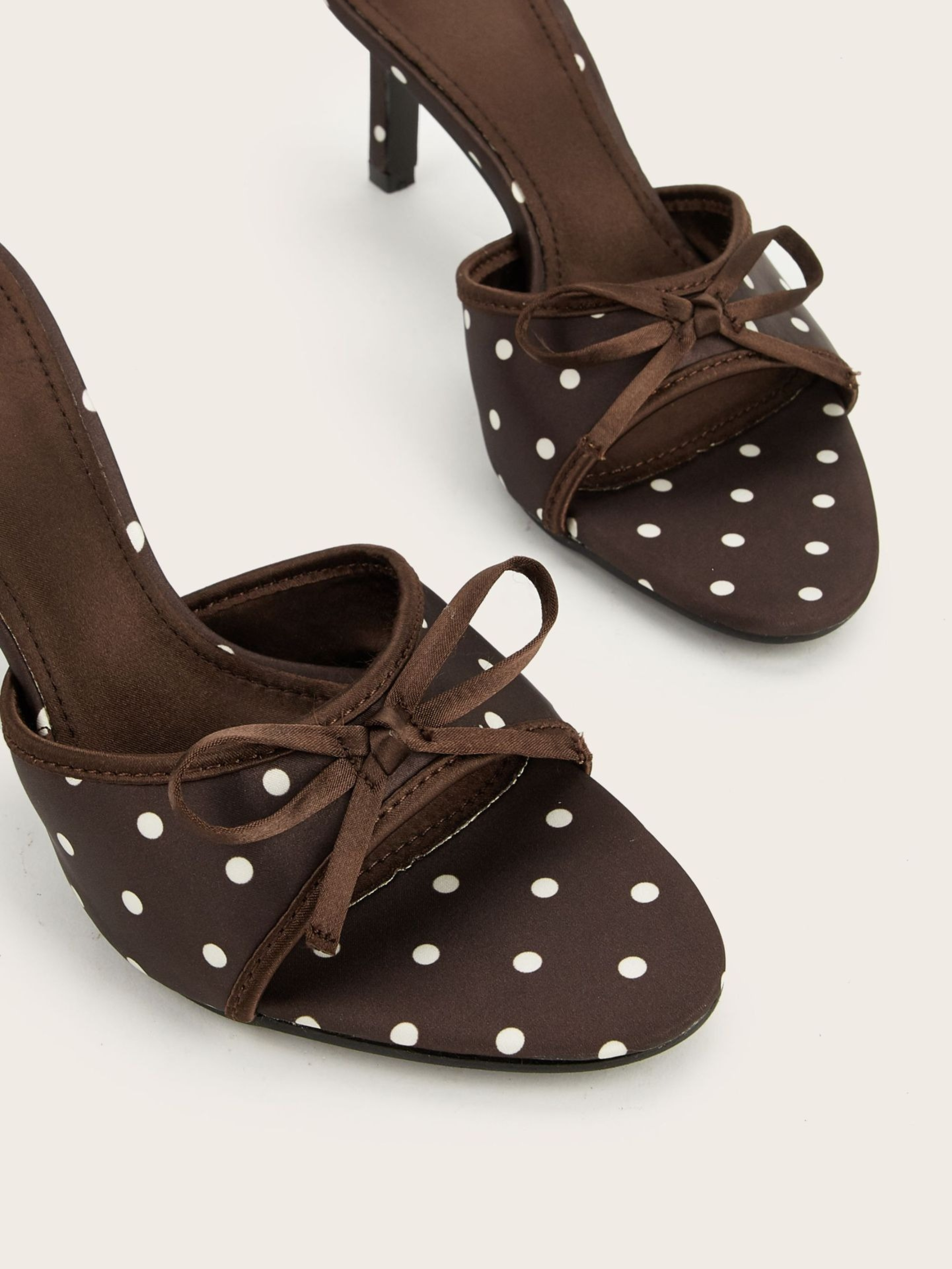 Delsa Coffee Polka Dot Bow Mule Heels