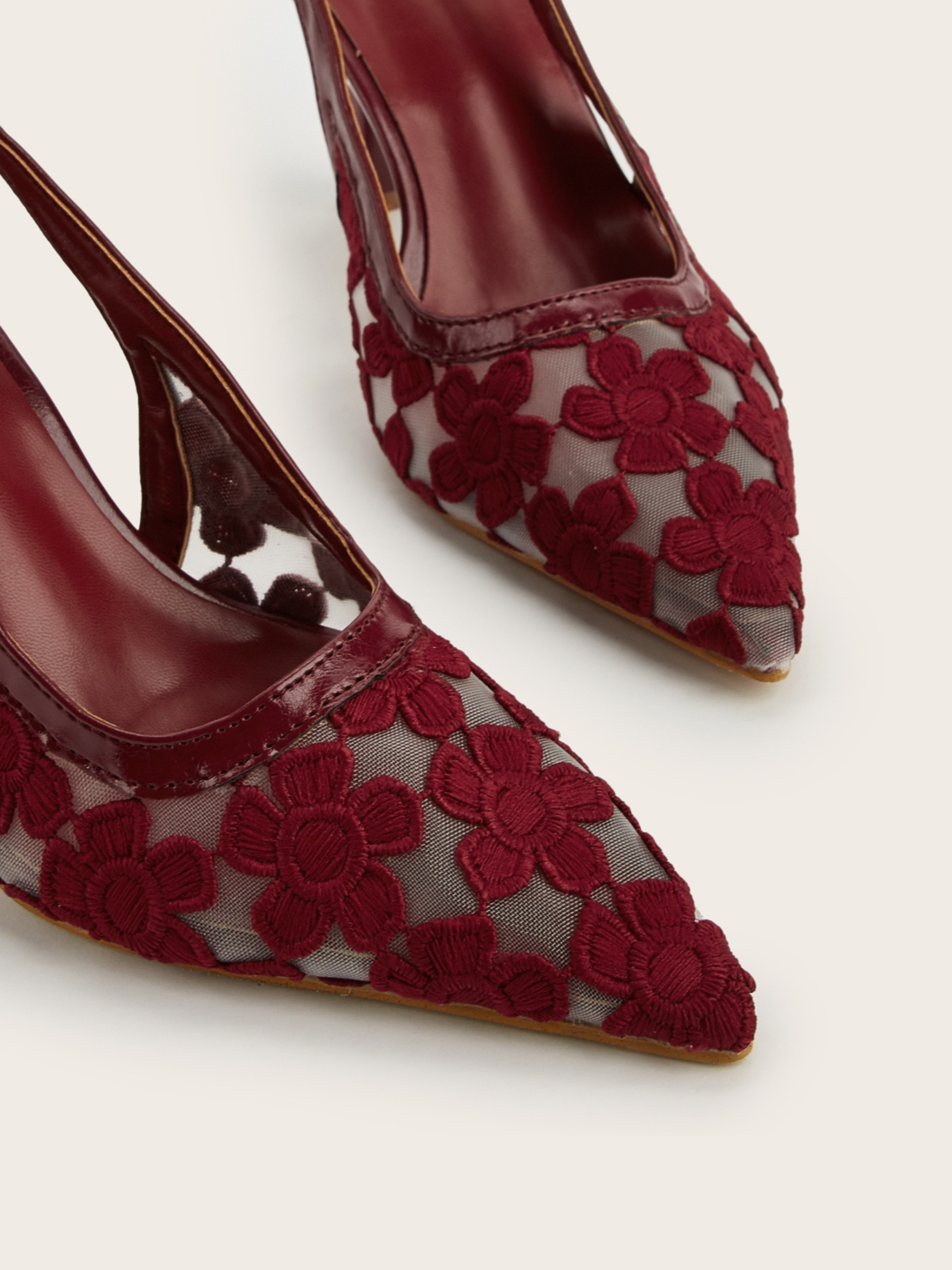 Cirelle Wine Floral Mesh Slingback Heels