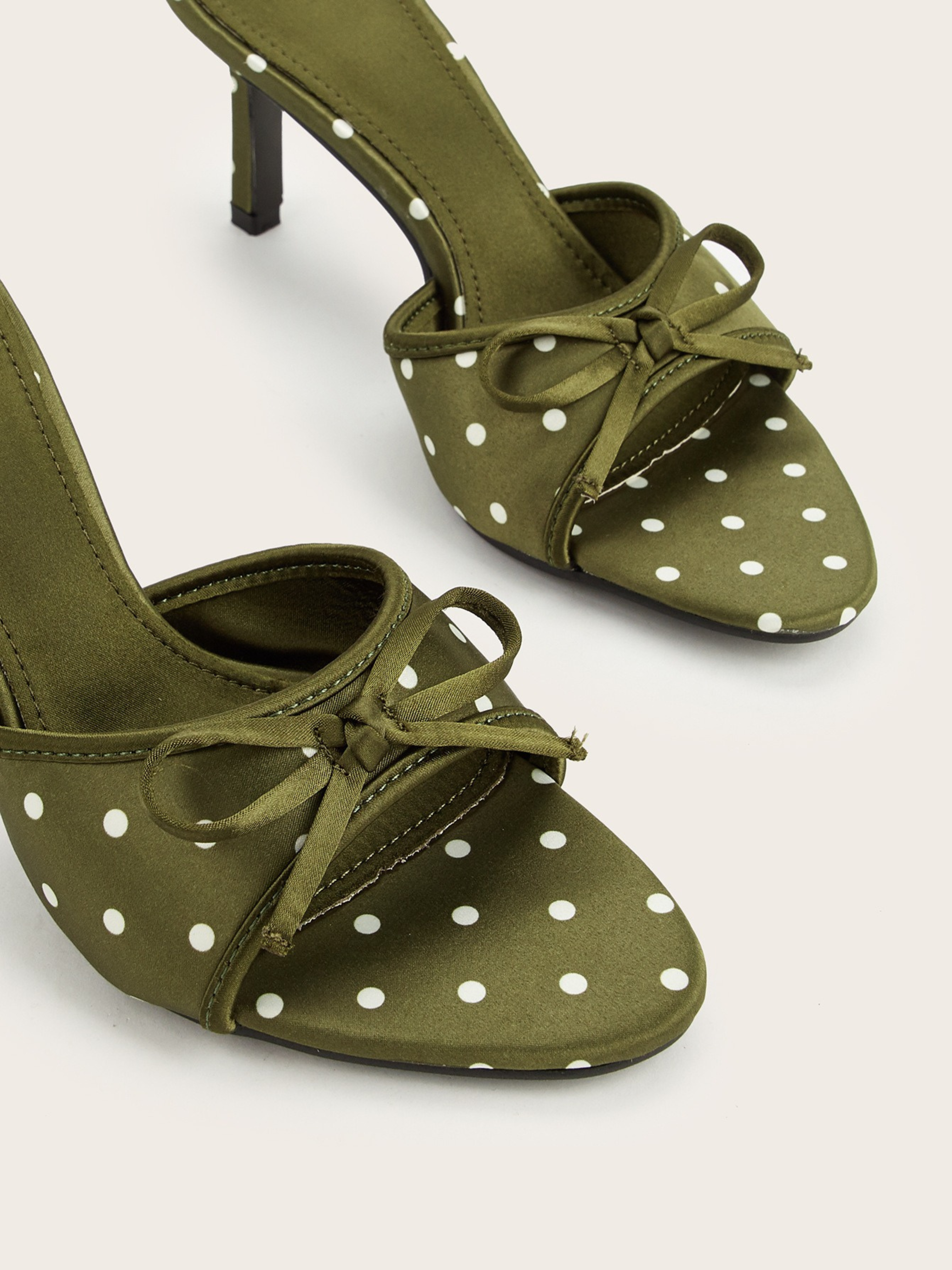 Delsa Olive Polka Dot Bow Mule Heels