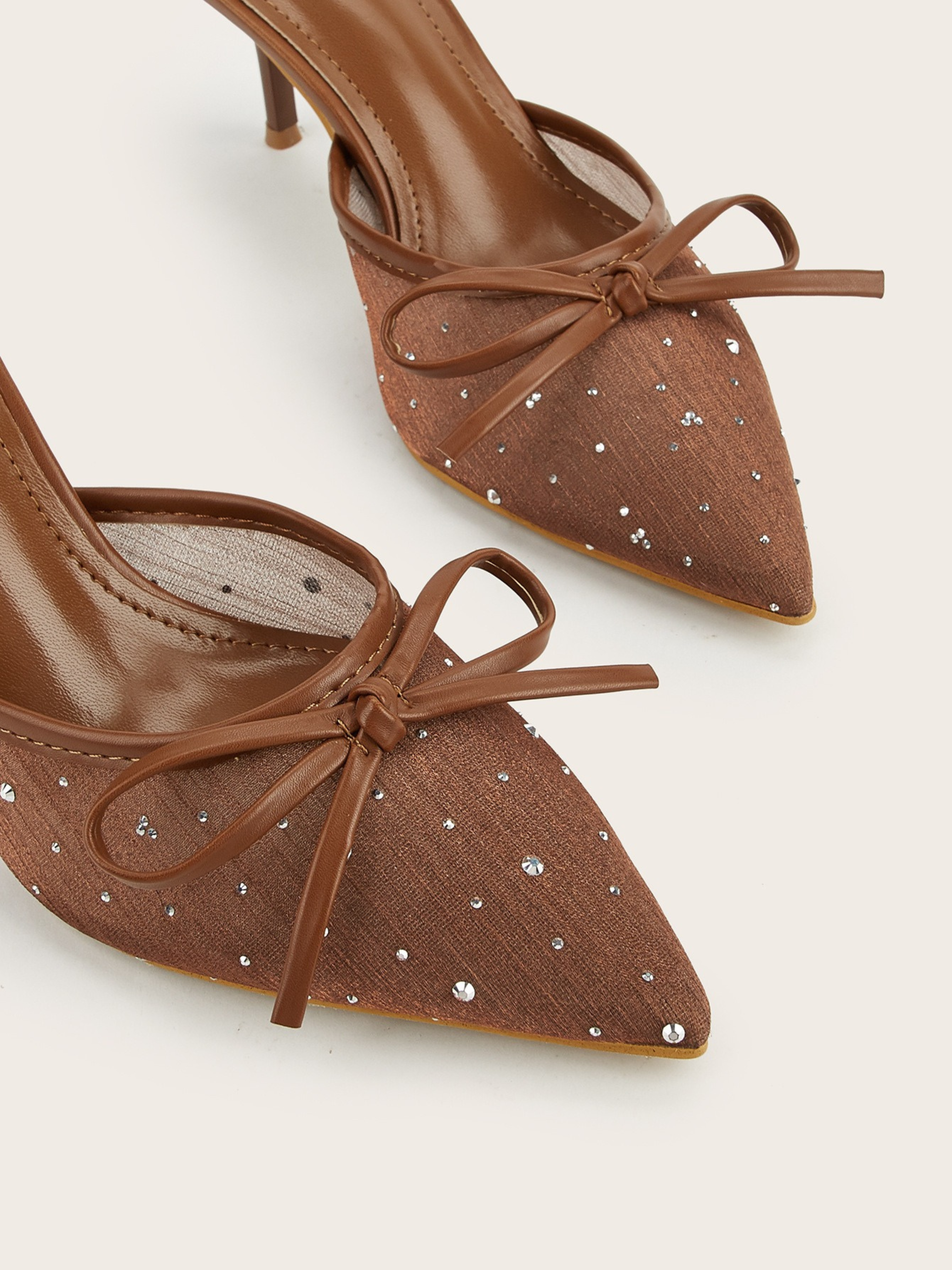 Blyra Mocha Rhinestone Bow Mule Heels