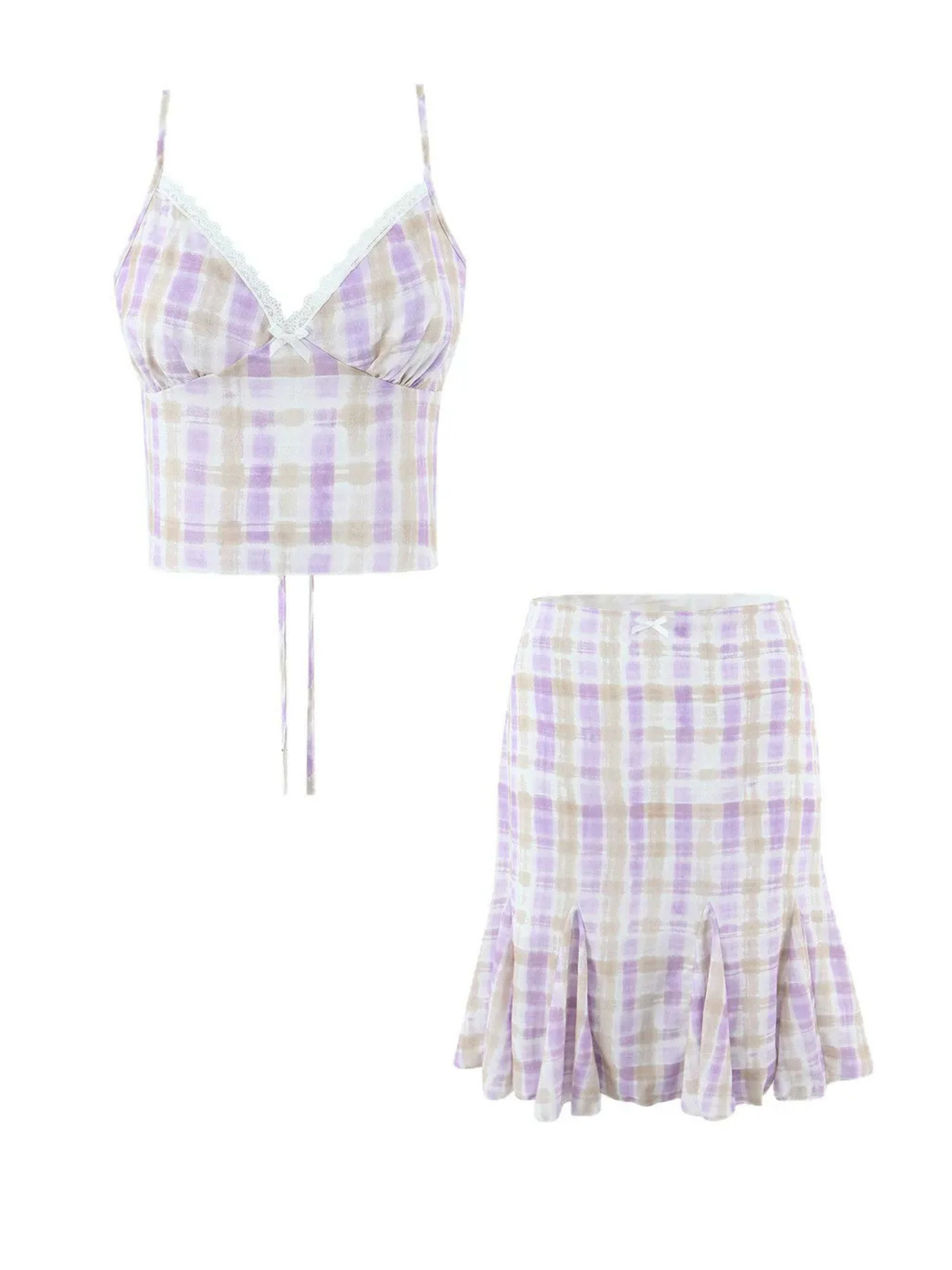 Delin Plaid Lace Trim Top & Midi Skirt Set