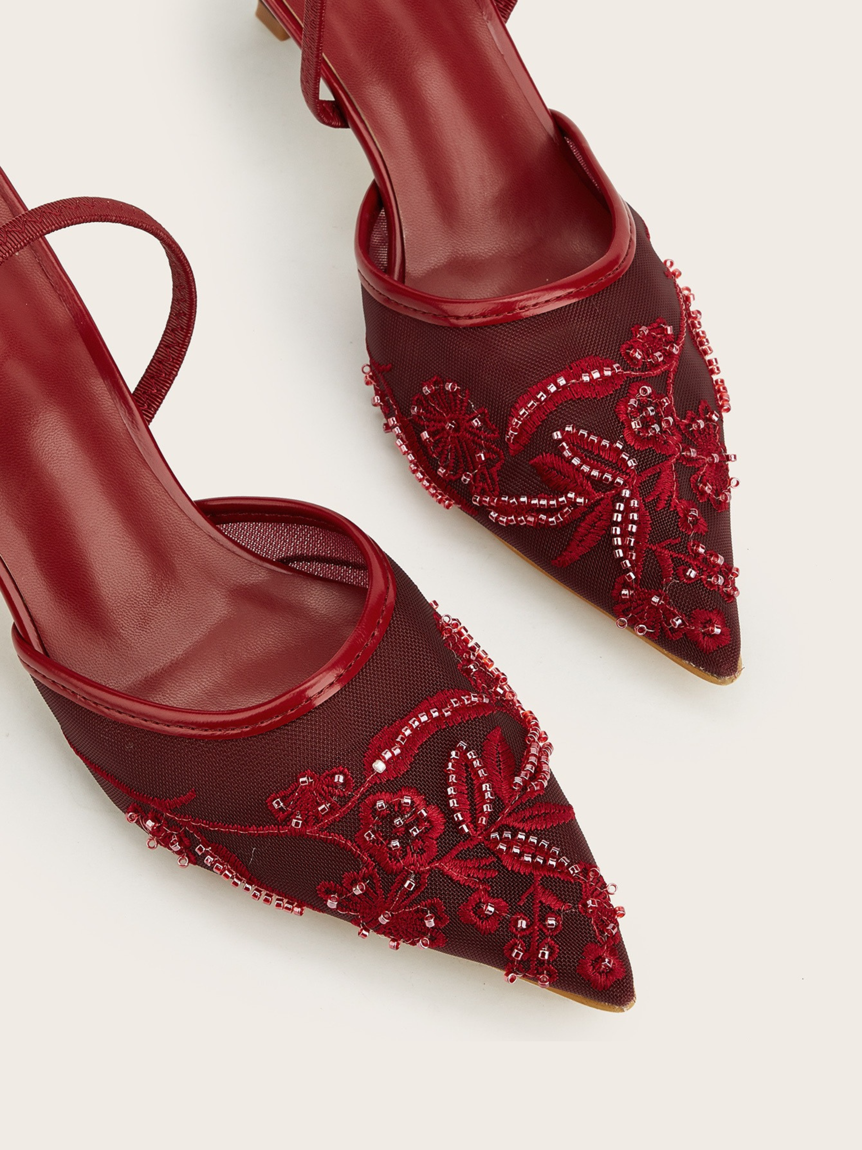 Tahlina Wine Embroidered Mesh Mule Heels