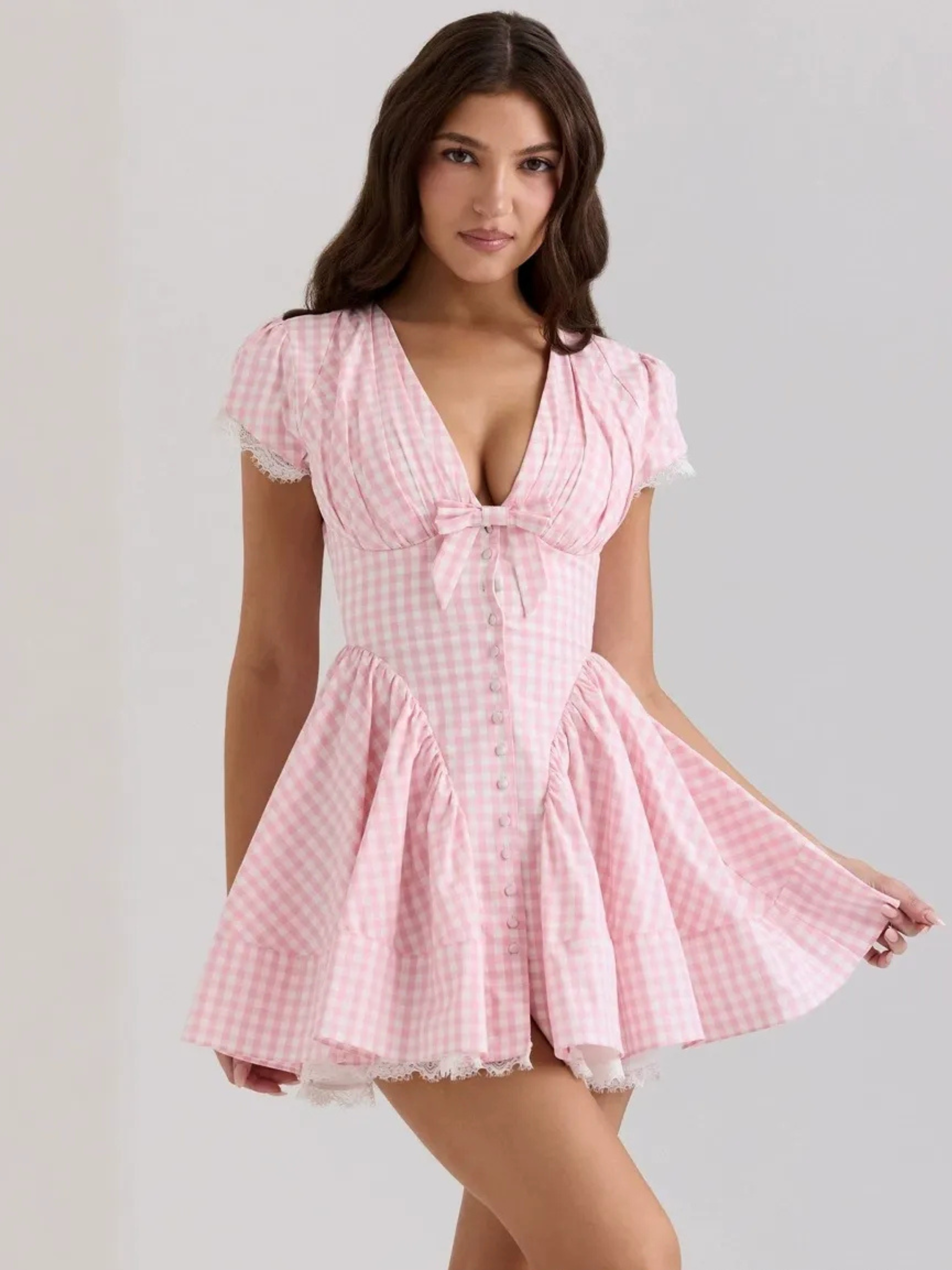 Alina Pink Gingham Bow Mini Dress