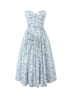 Melis Blue Toile Strapless Midi Dress
