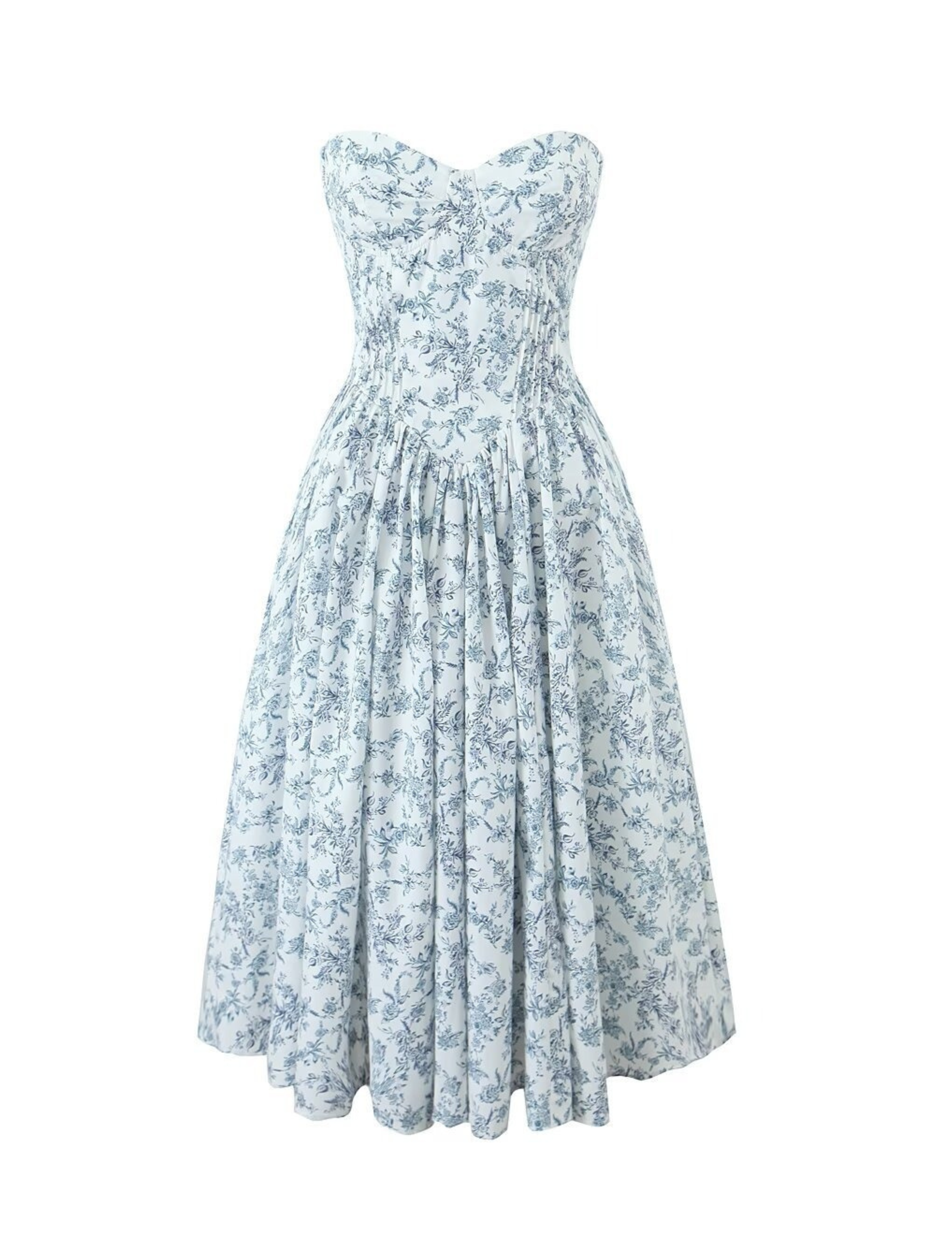 Melis Blue Toile Strapless Midi Dress