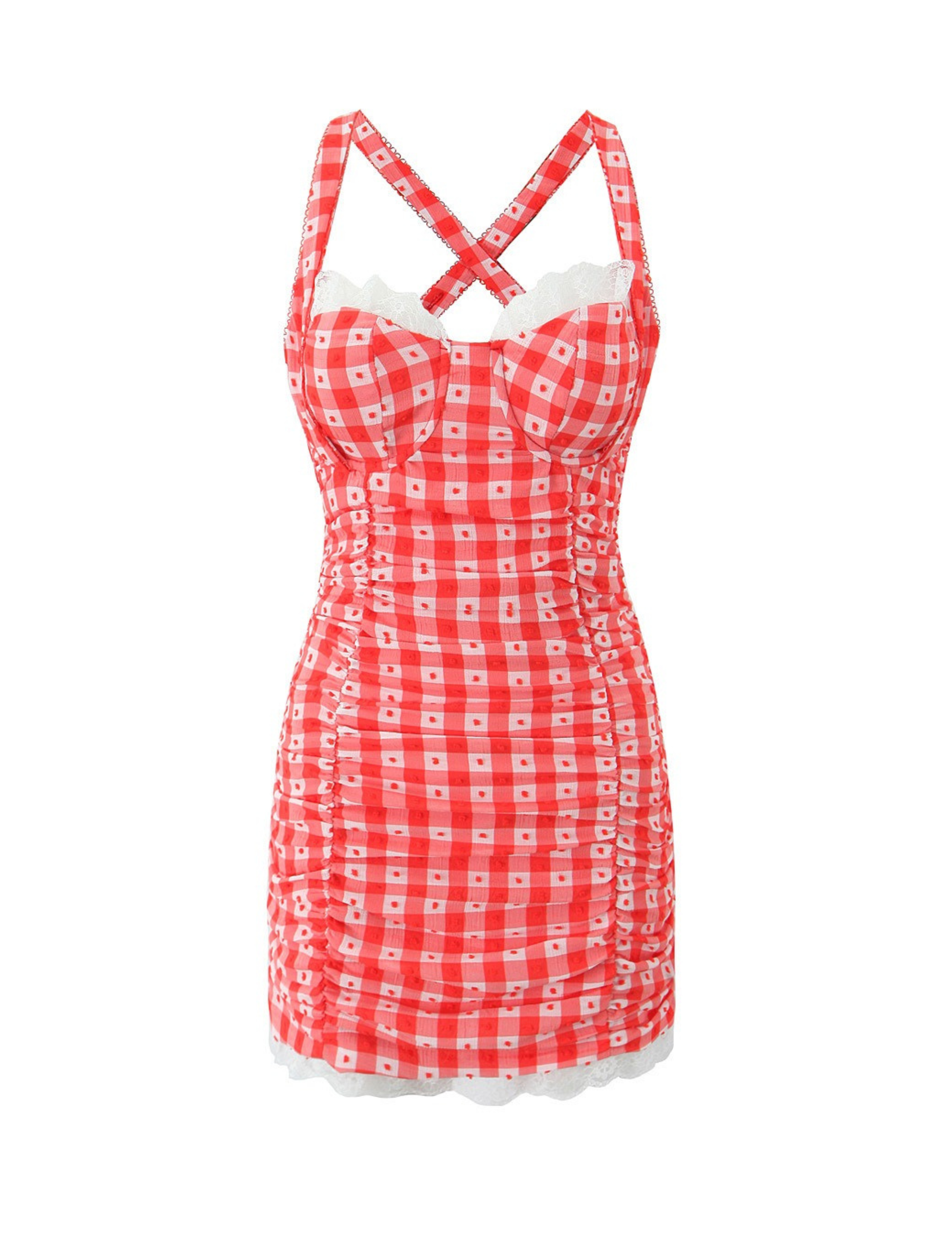Althea Red Gingham Lace Trim Mini Dress