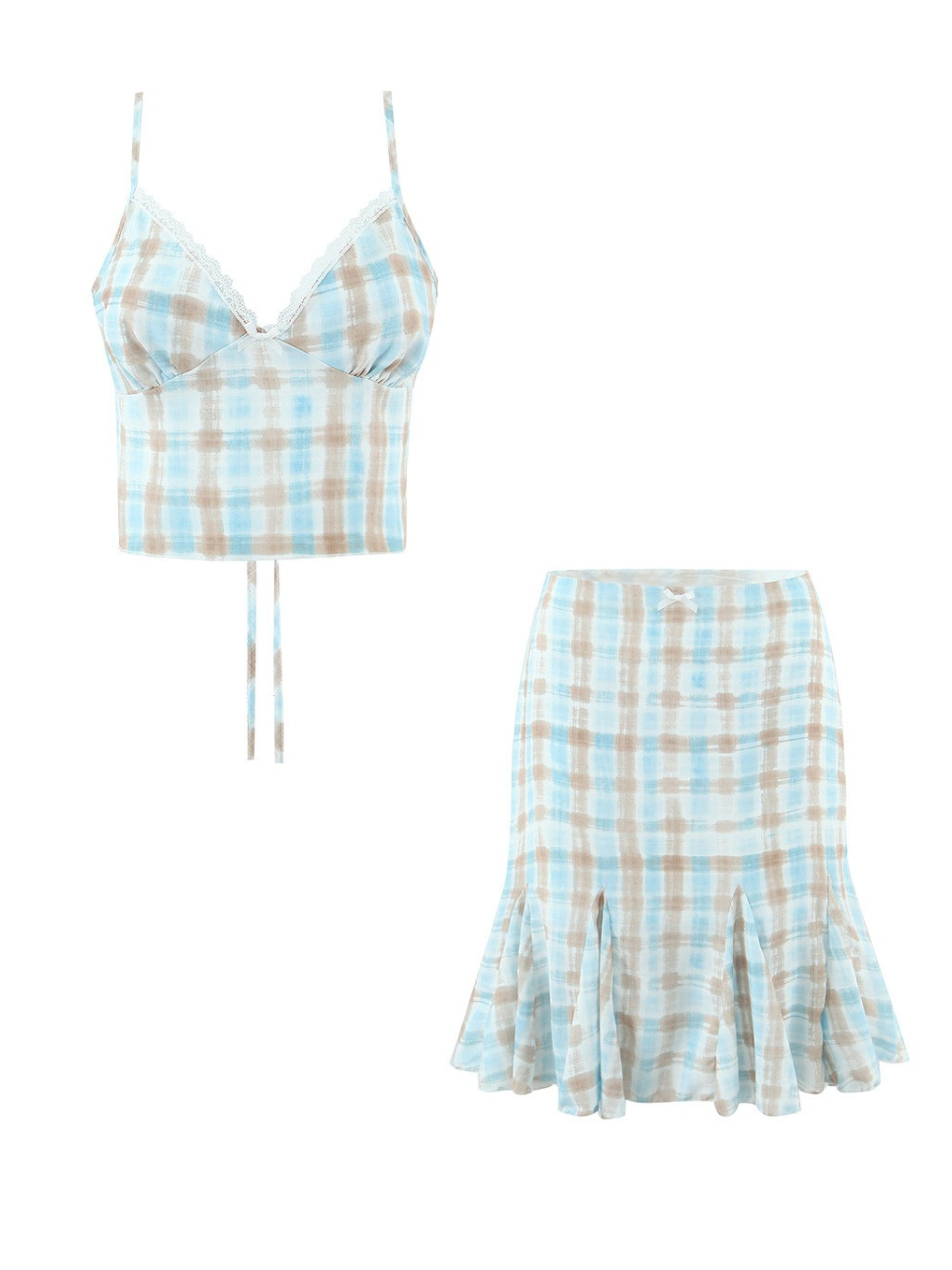 Delin Plaid Lace Trim Top & Midi Skirt Set