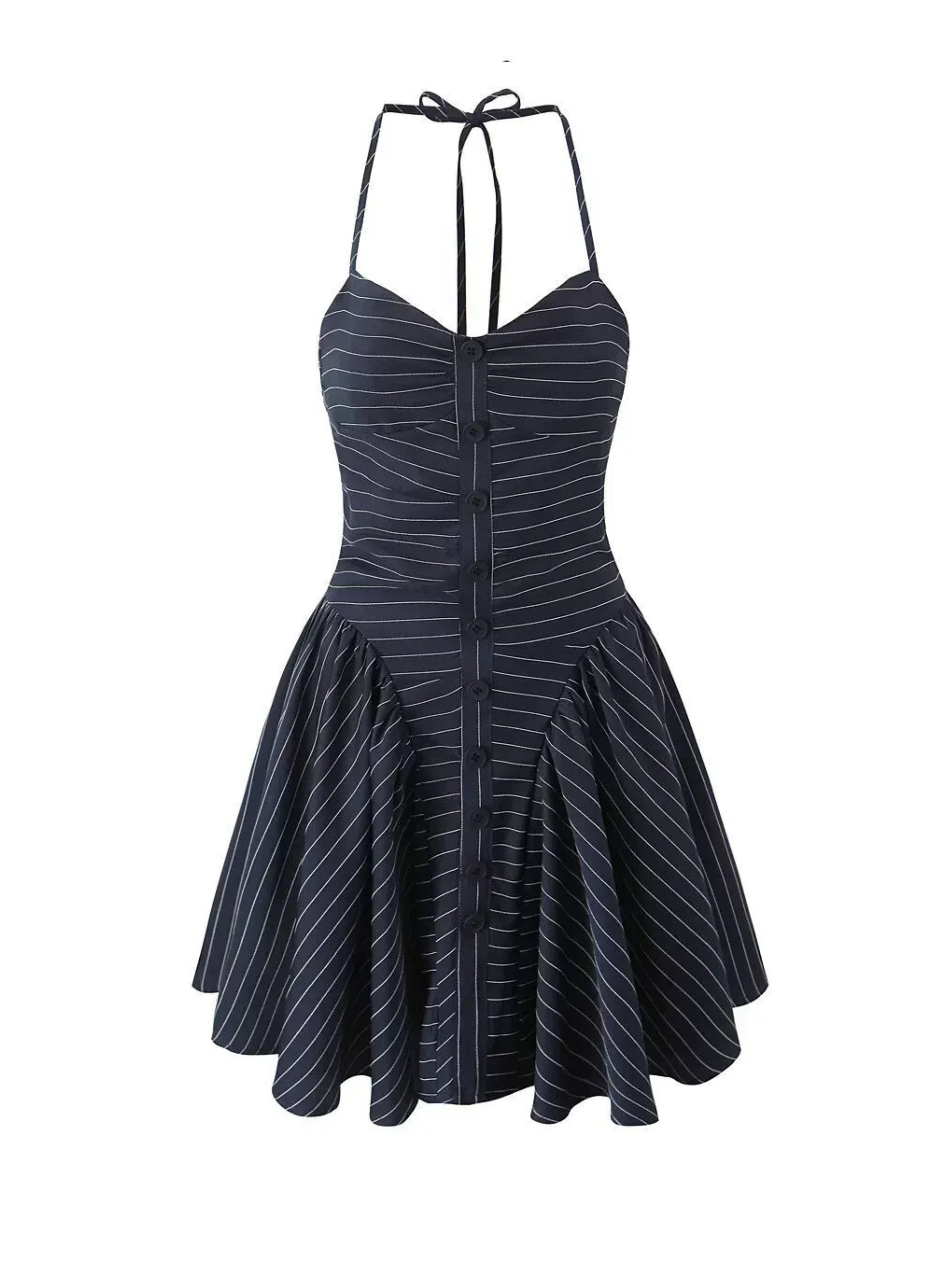 Ceren Navy Pinstripe Halter Mini Dress