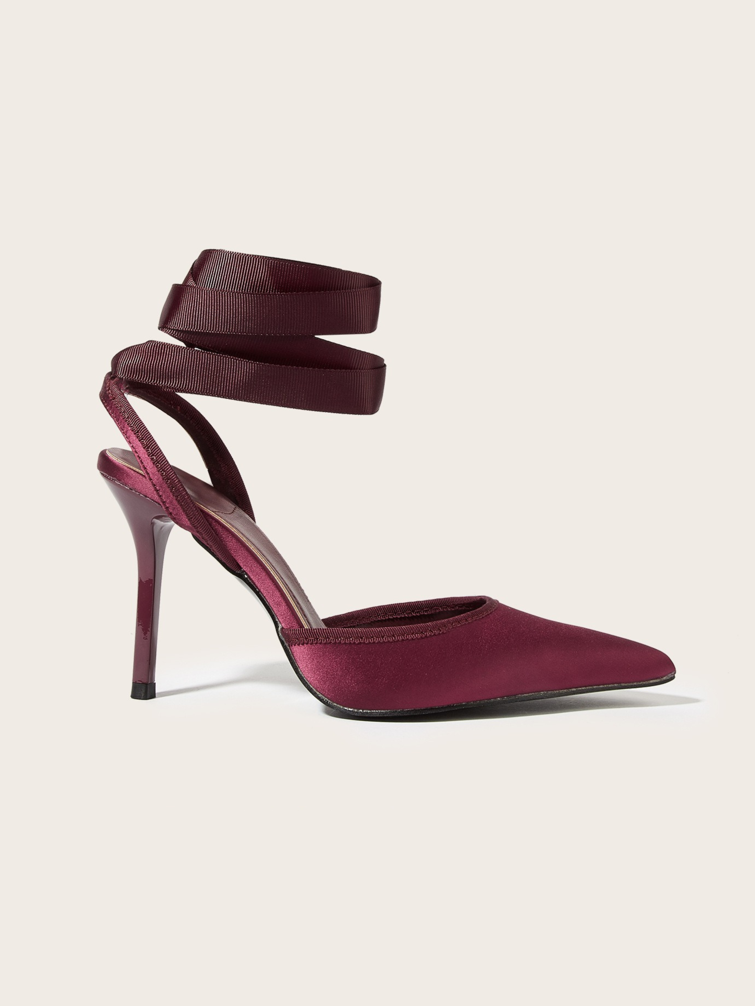Velora Wine Satin Wrap Strap Heels