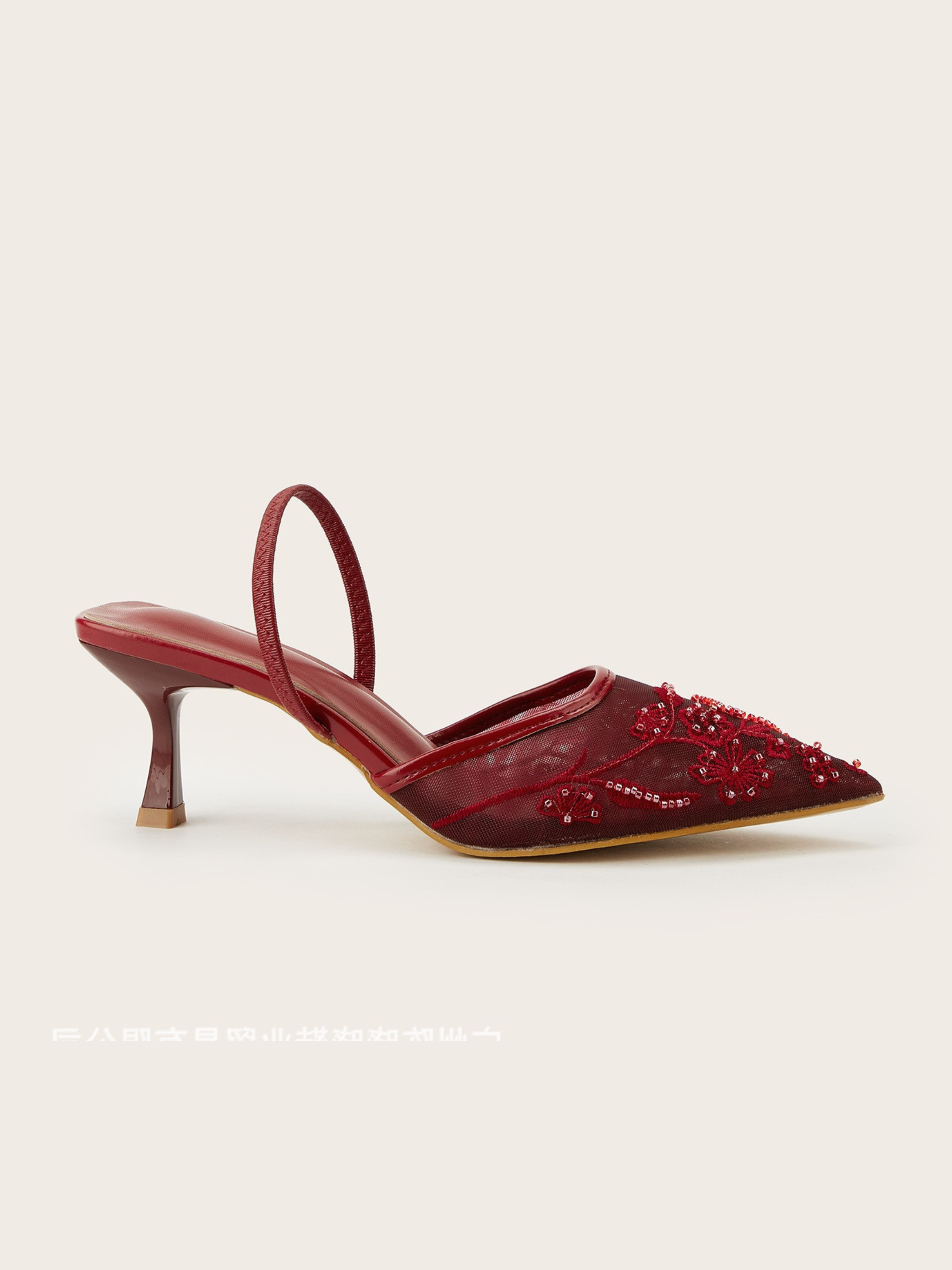 Tahlina Wine Embroidered Mesh Mule Heels