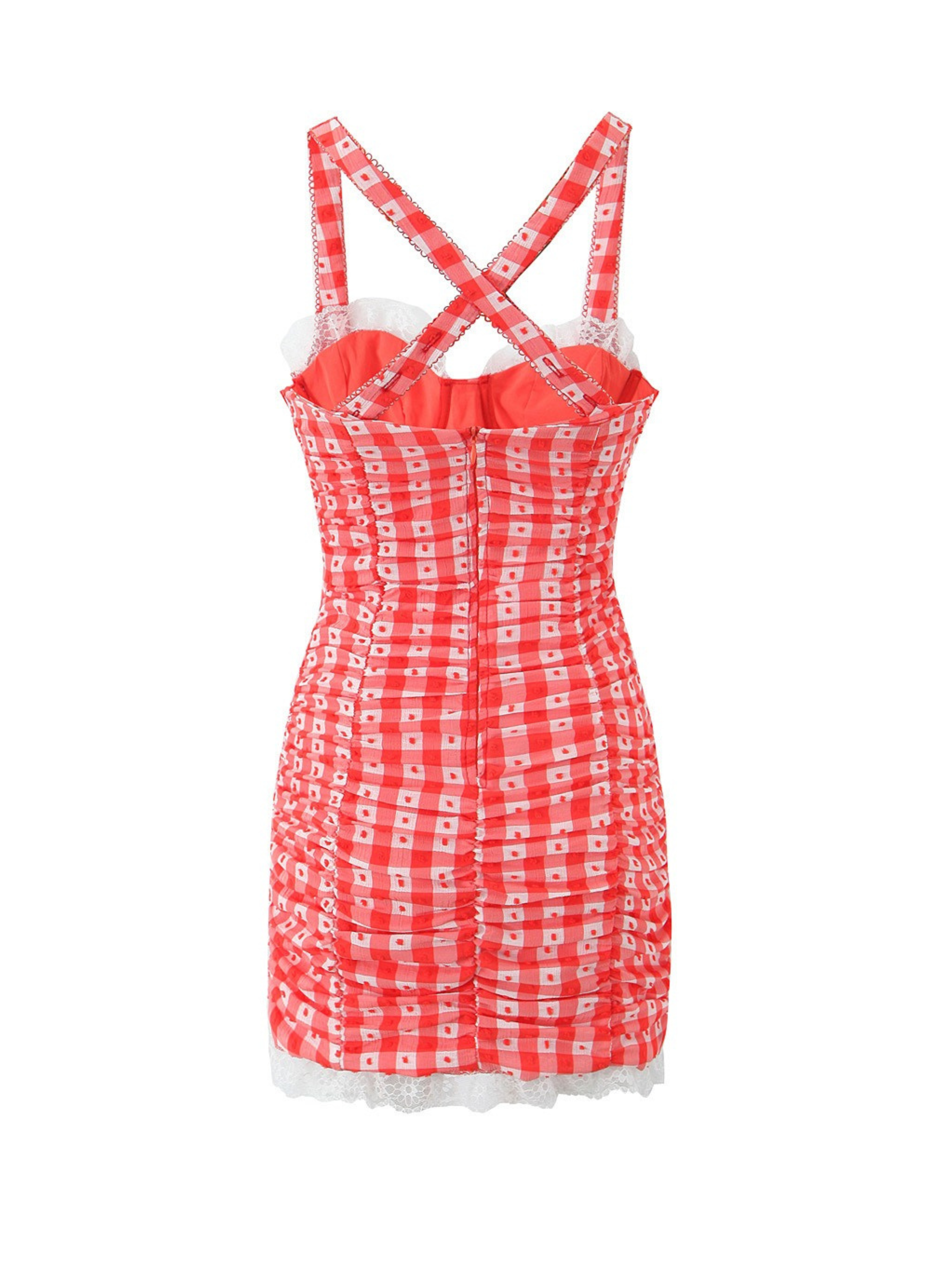 Althea Red Gingham Lace Trim Mini Dress