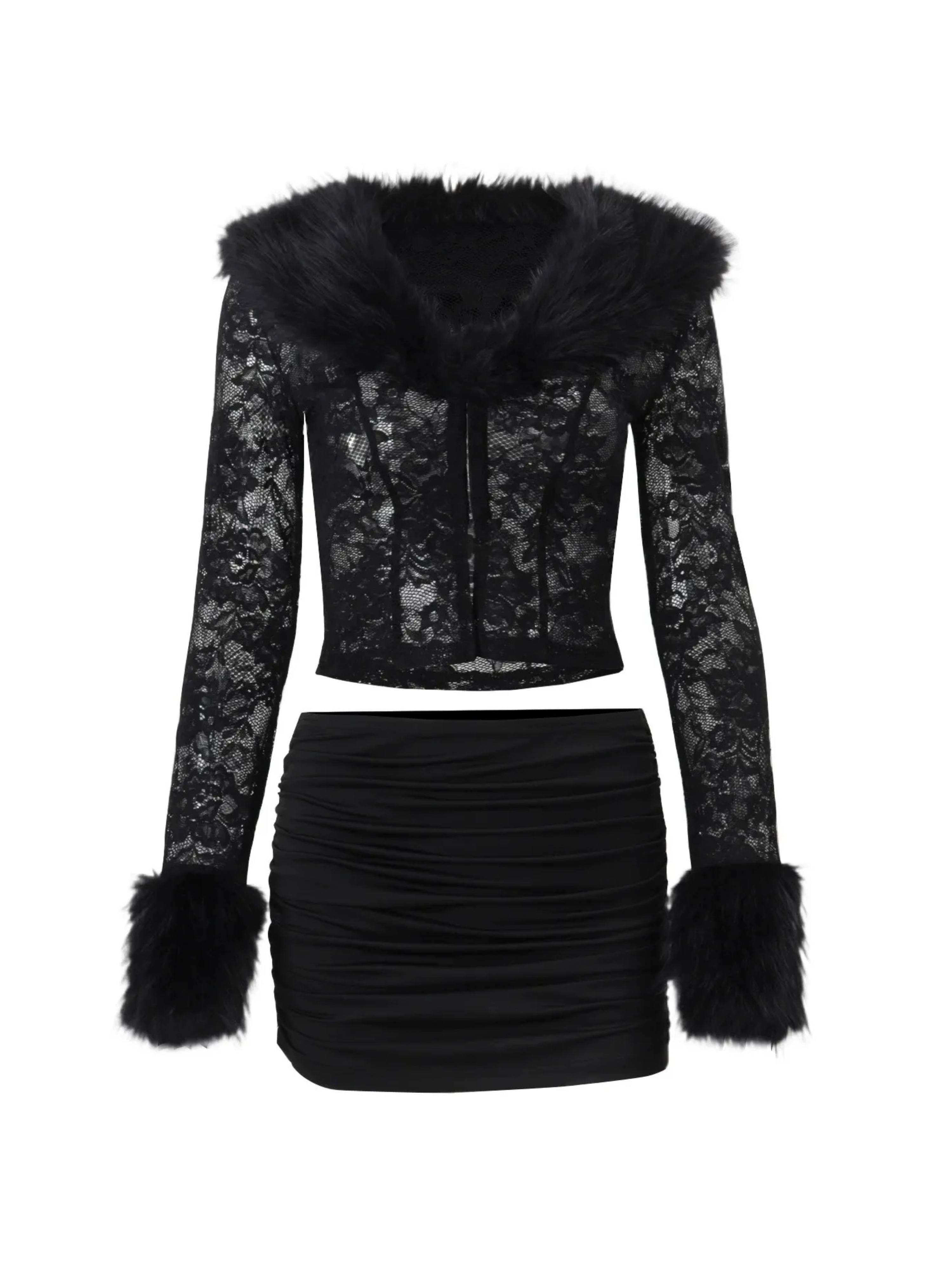 Faux Fur Lace Top & Mini Skirt Set