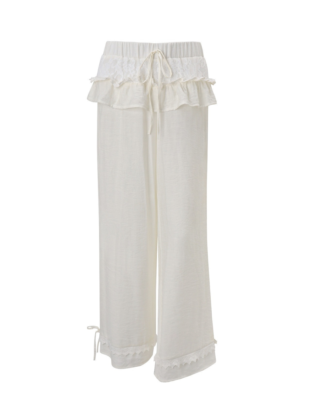 Lace Trim Ruffle Waist Wide Leg Pants