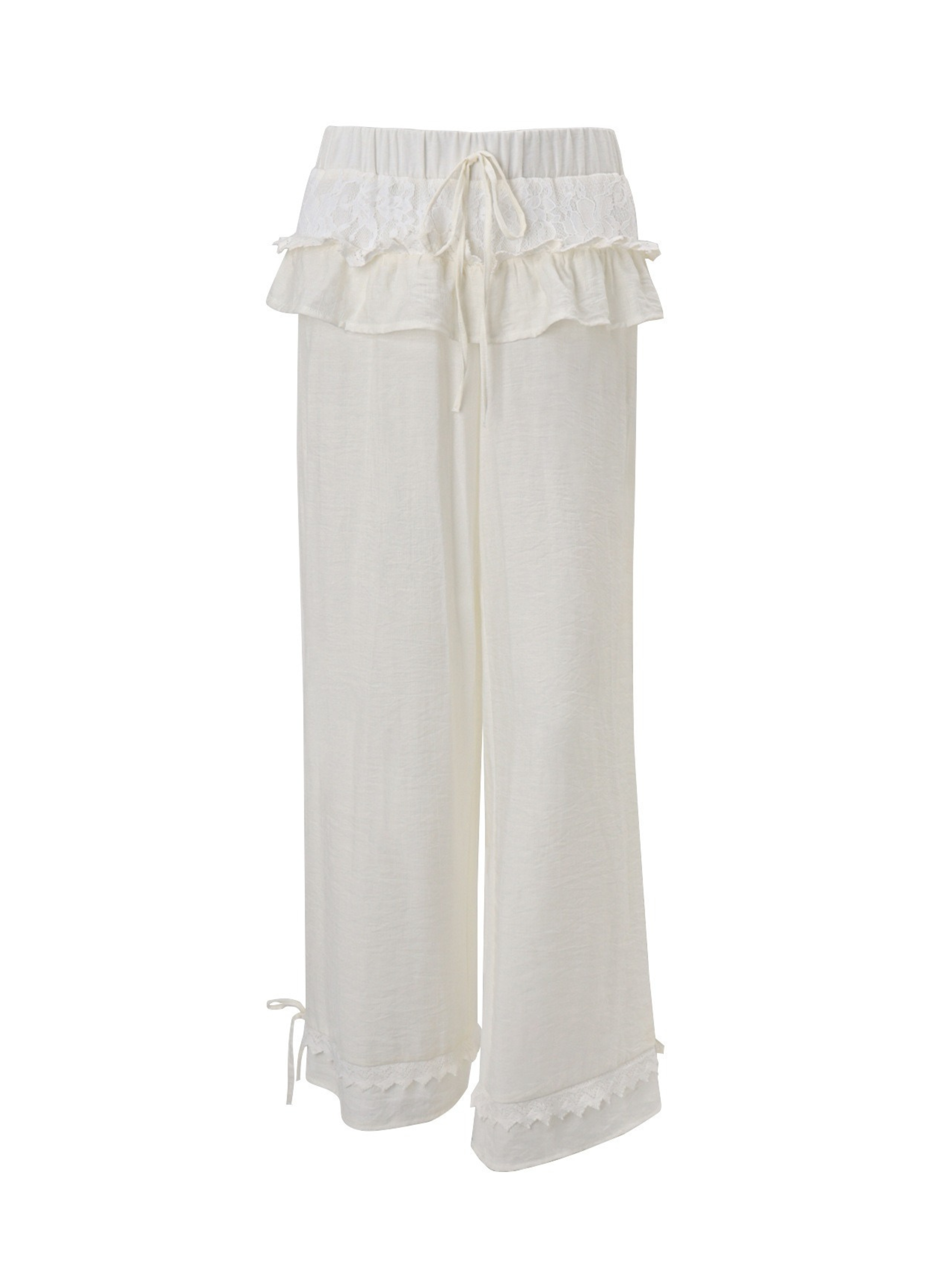 Lace Trim Ruffle Waist Wide Leg Pants