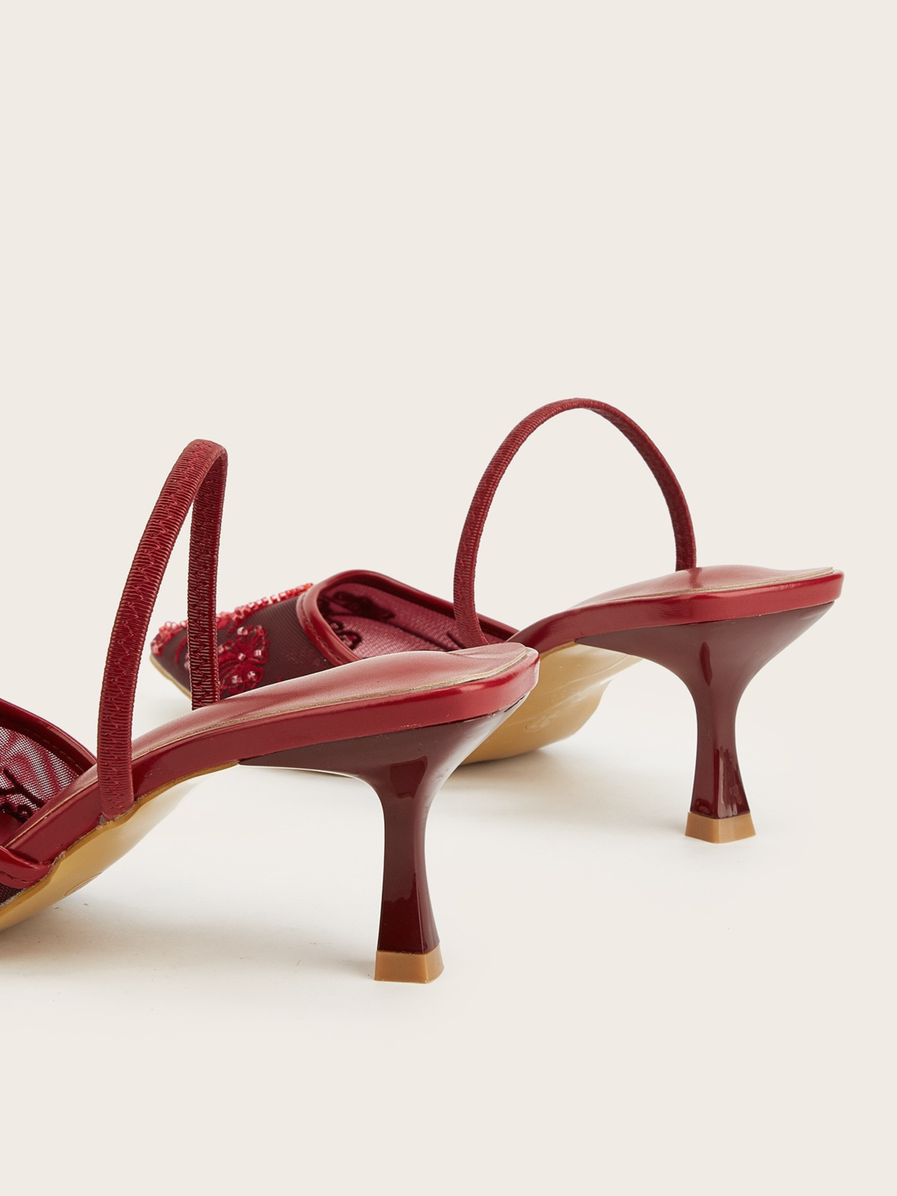 Tahlina Wine Embroidered Mesh Mule Heels