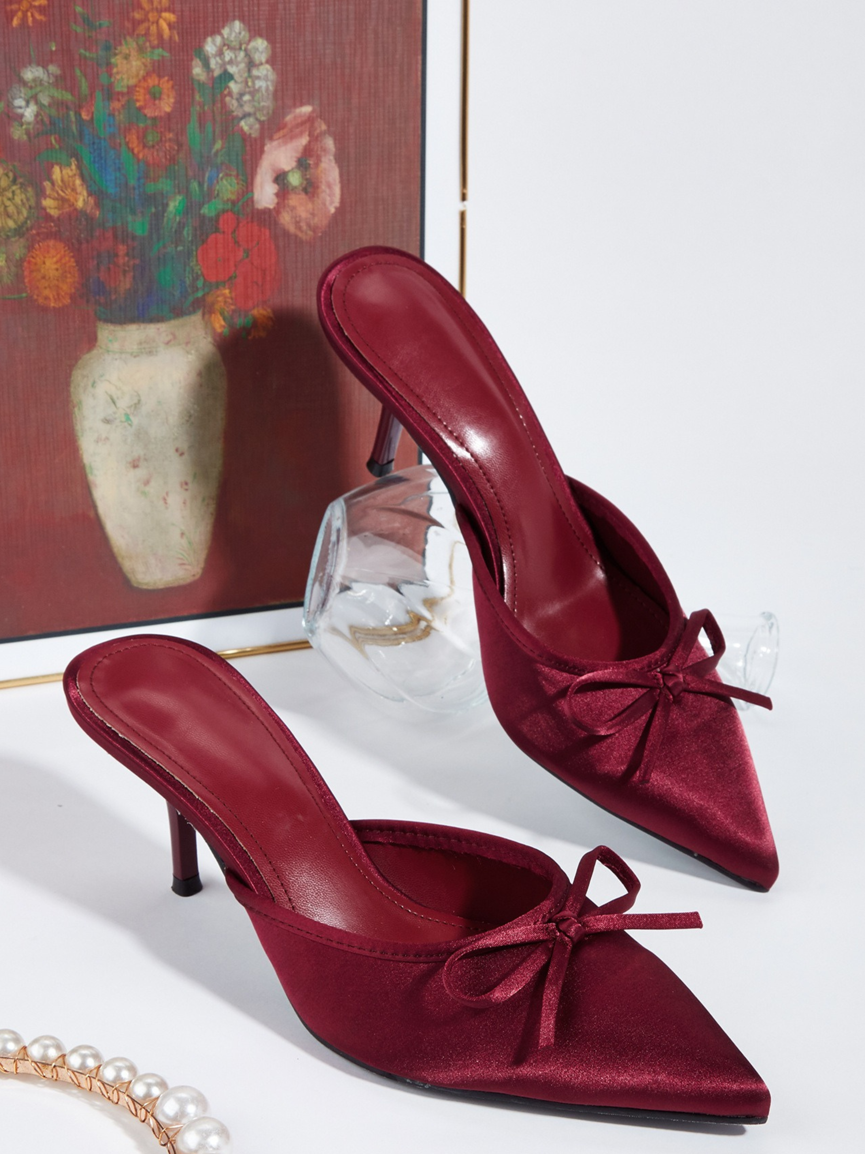Ambrine Wine Satin Bow Mule Heels