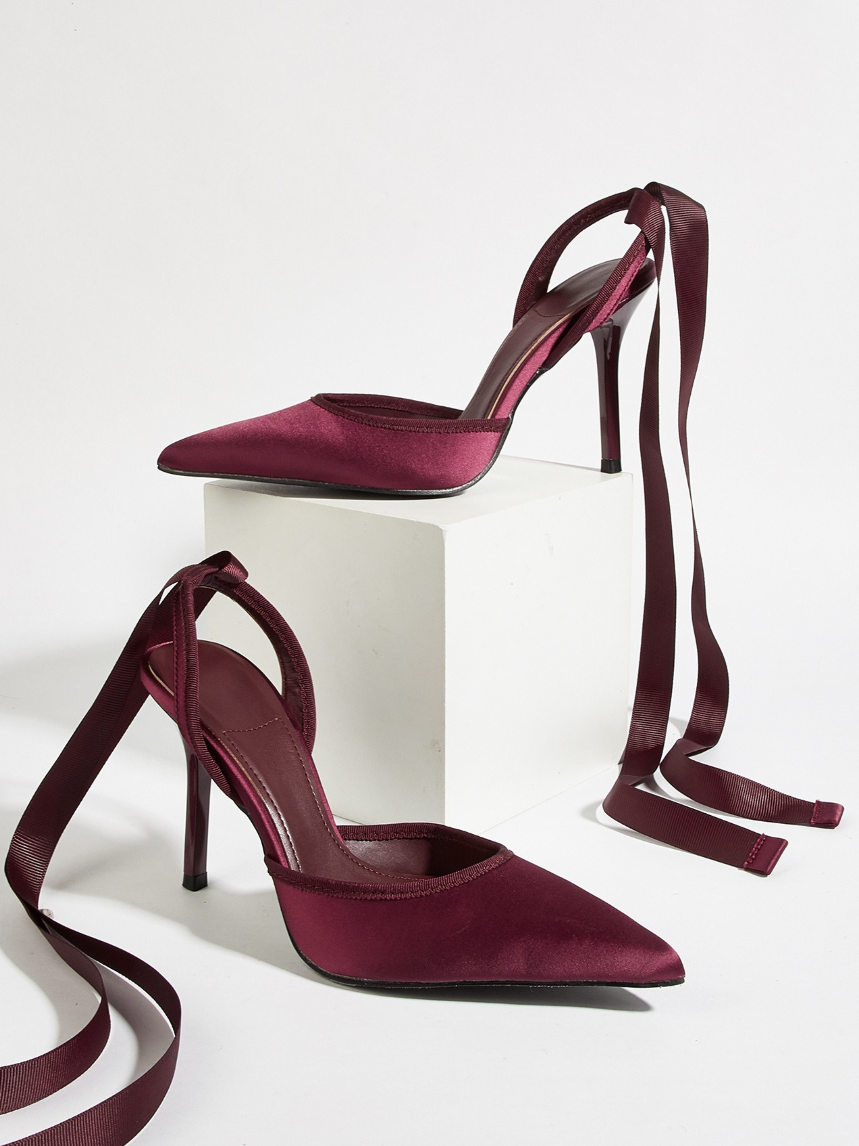 Velora Wine Satin Wrap Strap Heels