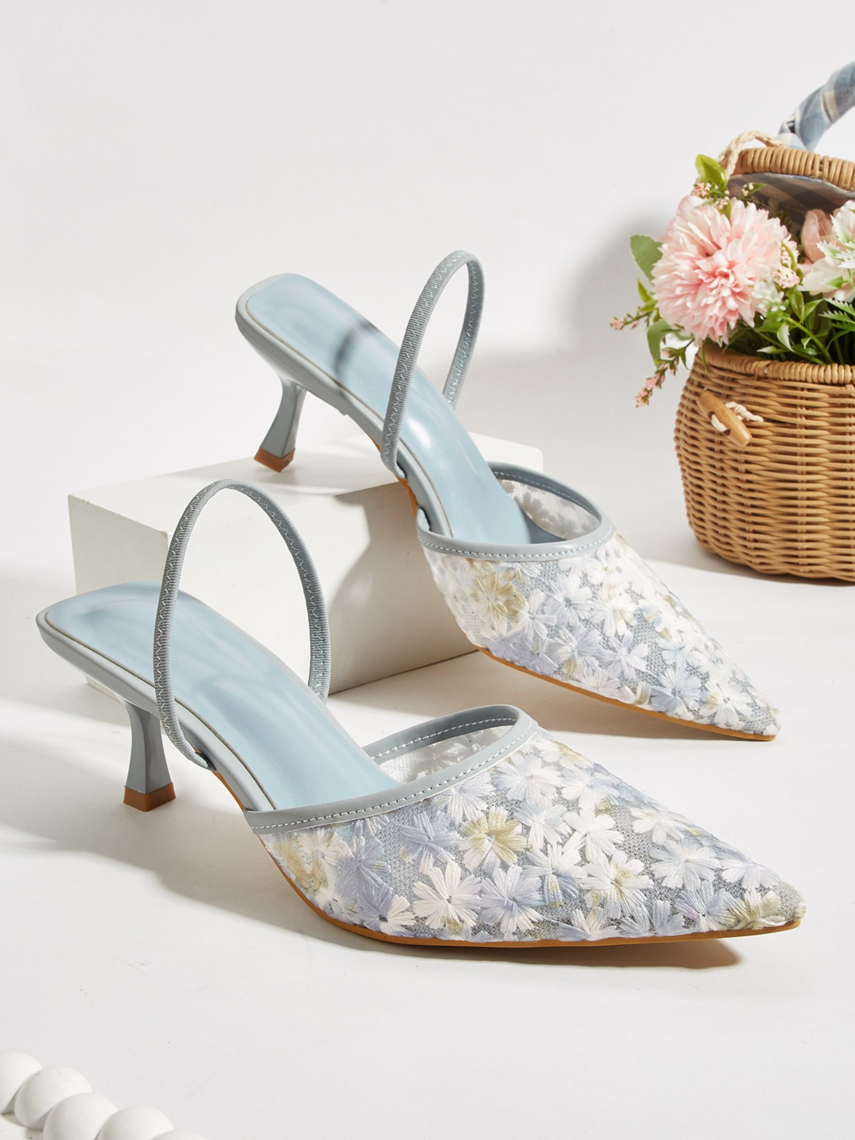 Lina Daisy Mesh Pointed Mule Heels