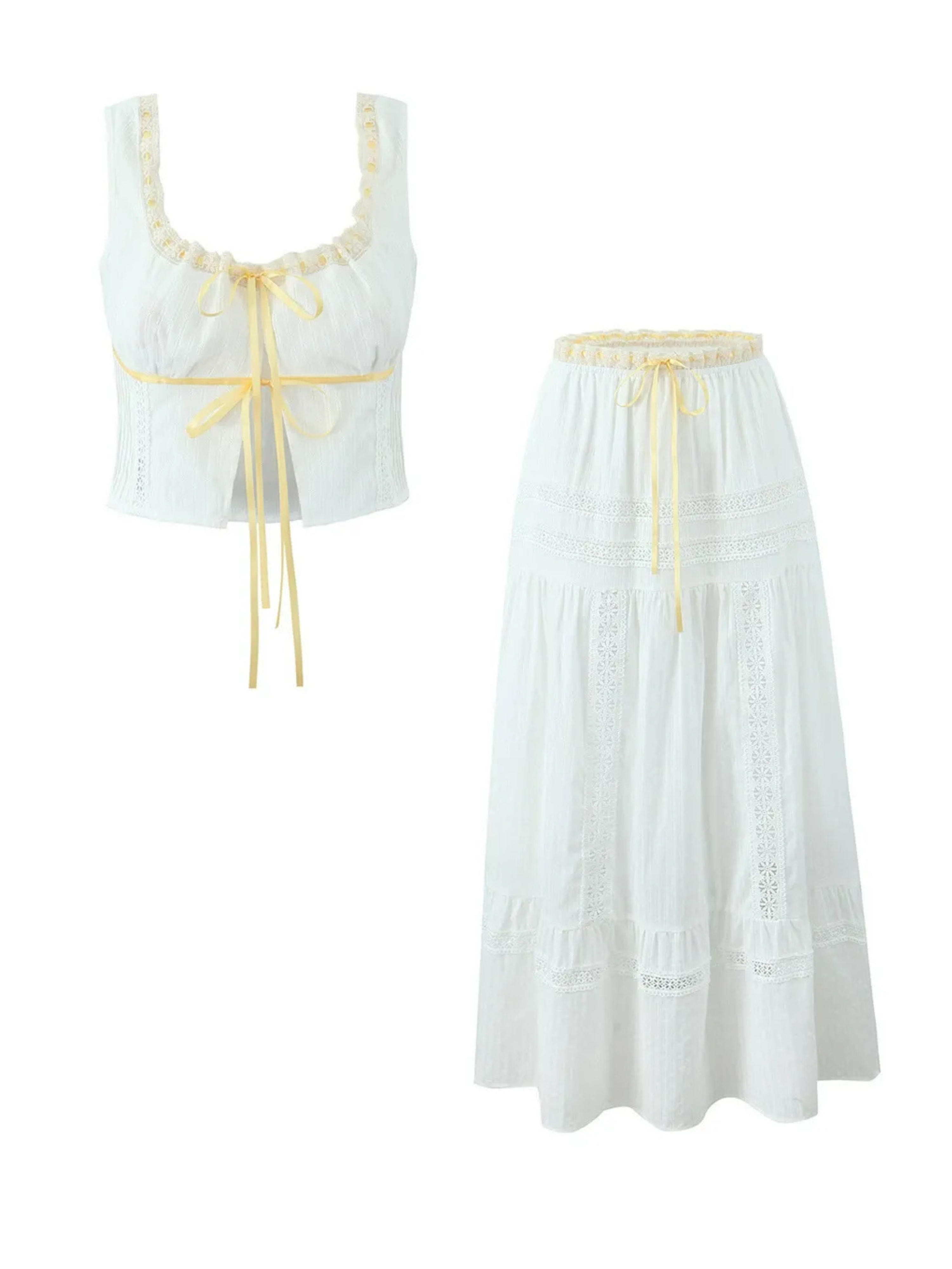 Beril Lace Trim Tie-Front Top & Maxi Skirt Set