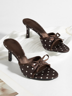 Delsa Coffee Polka Dot Bow Mule Heels