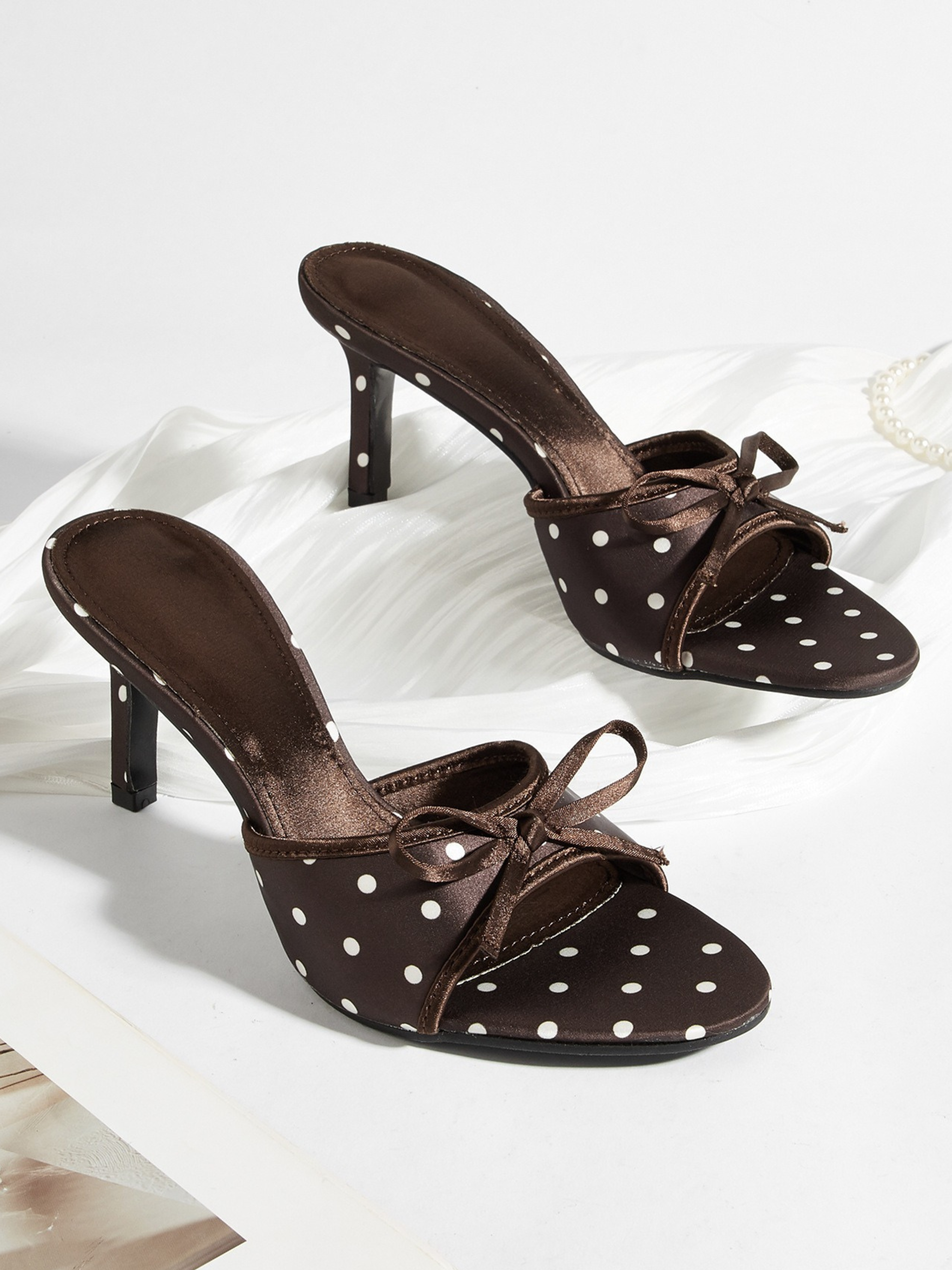 Delsa Coffee Polka Dot Bow Mule Heels