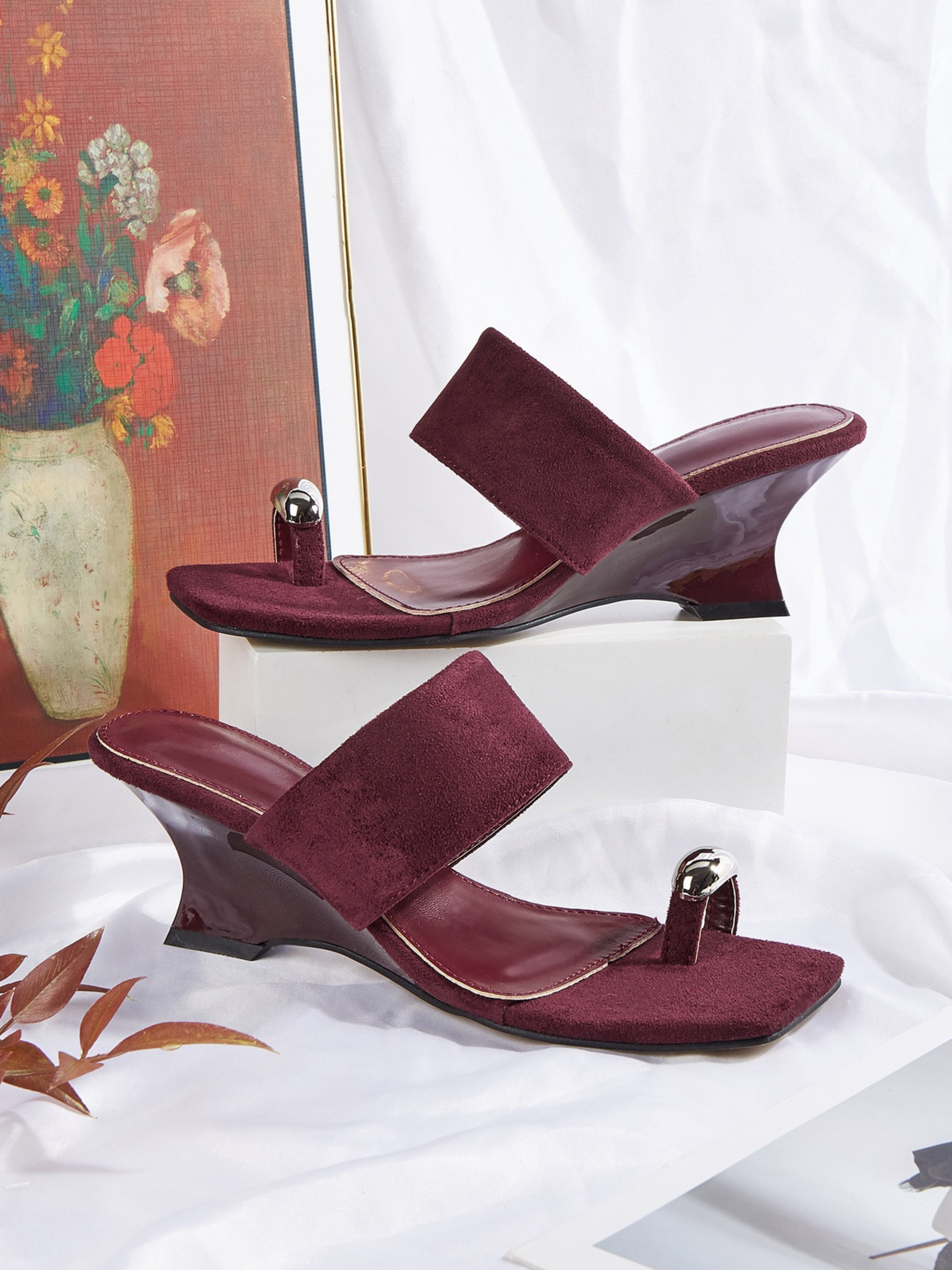 Elzara Wine Velvet Wedge Mule Sandals