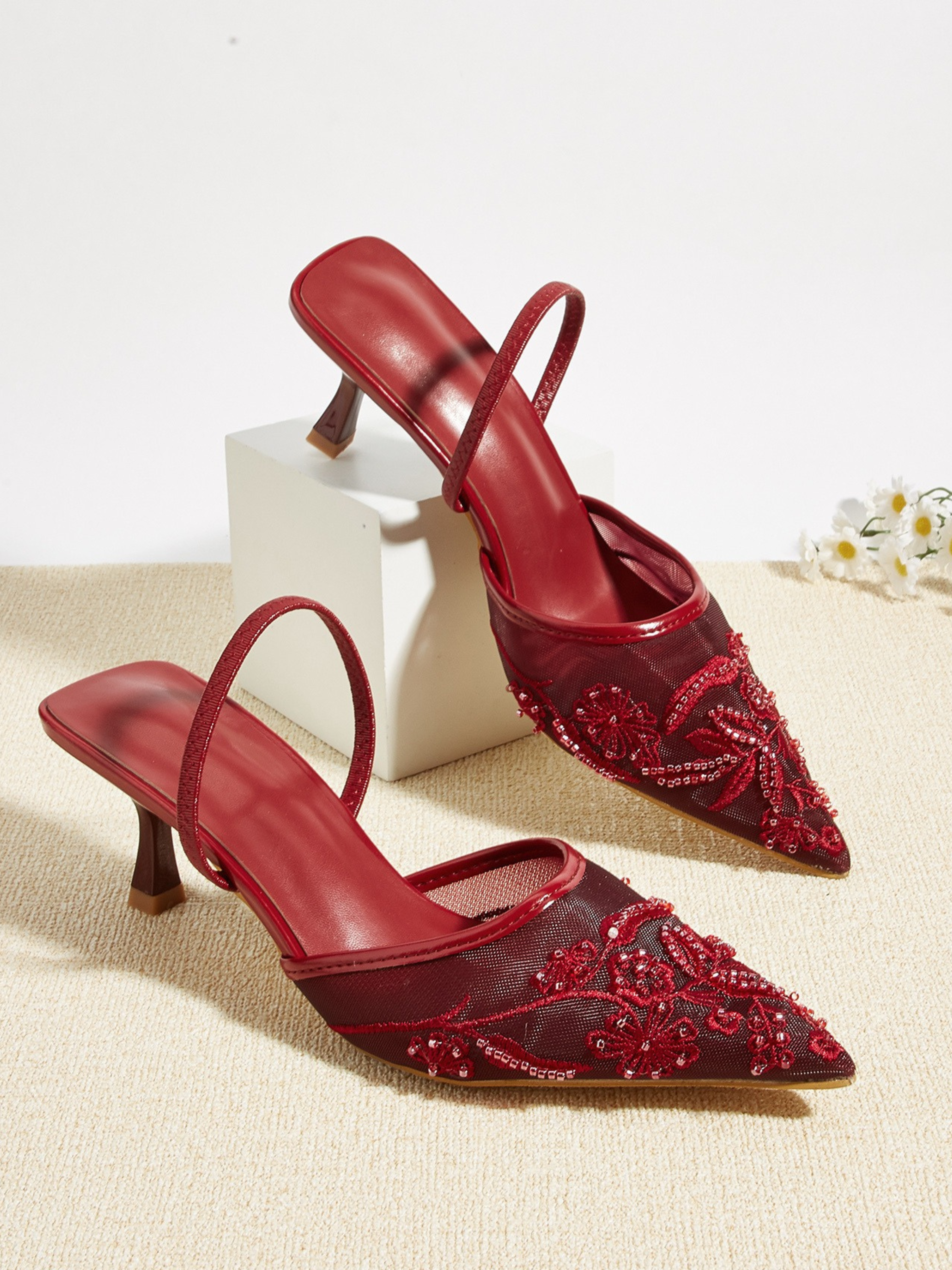 Tahlina Wine Embroidered Mesh Mule Heels