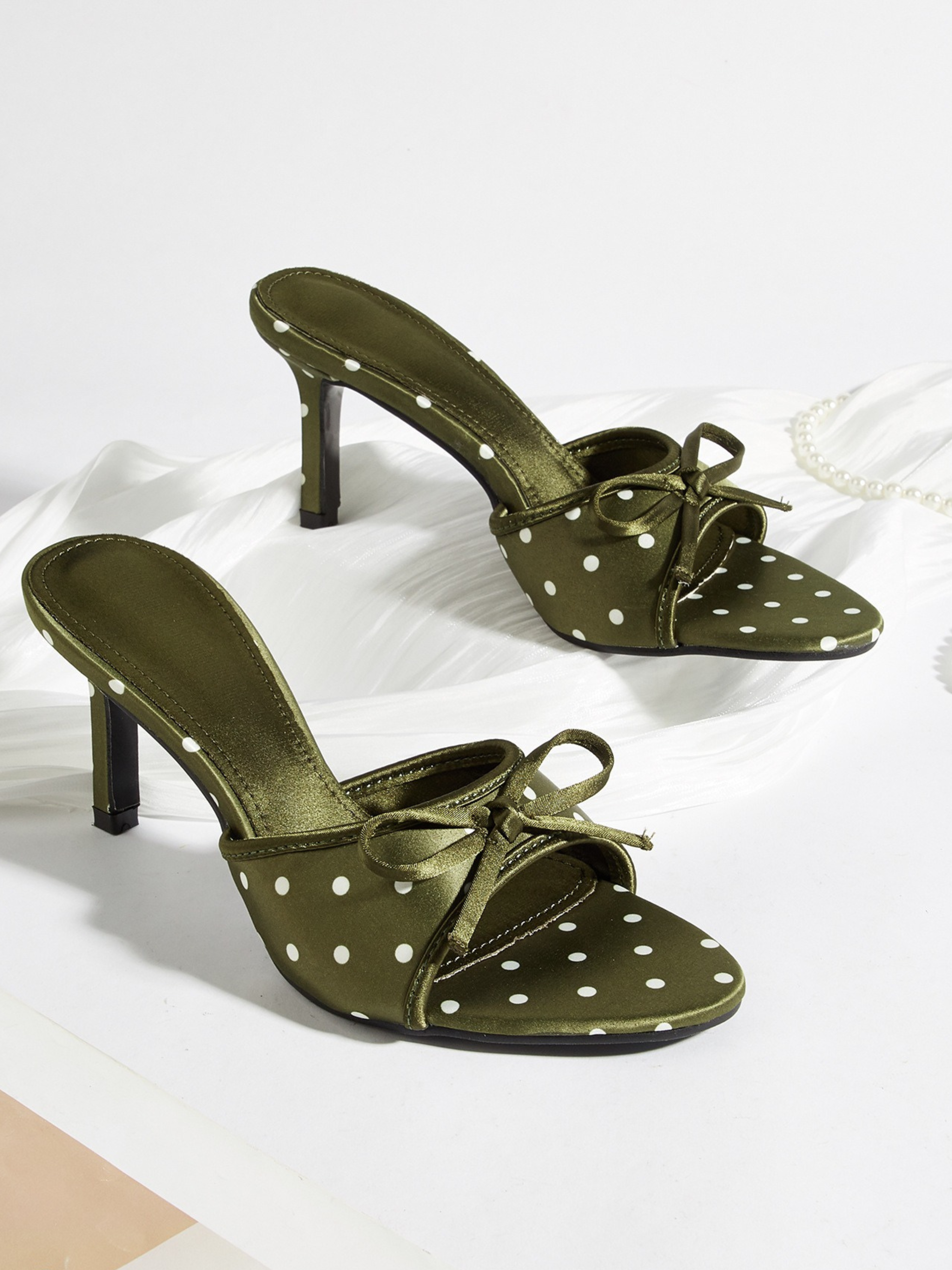Delsa Olive Polka Dot Bow Mule Heels