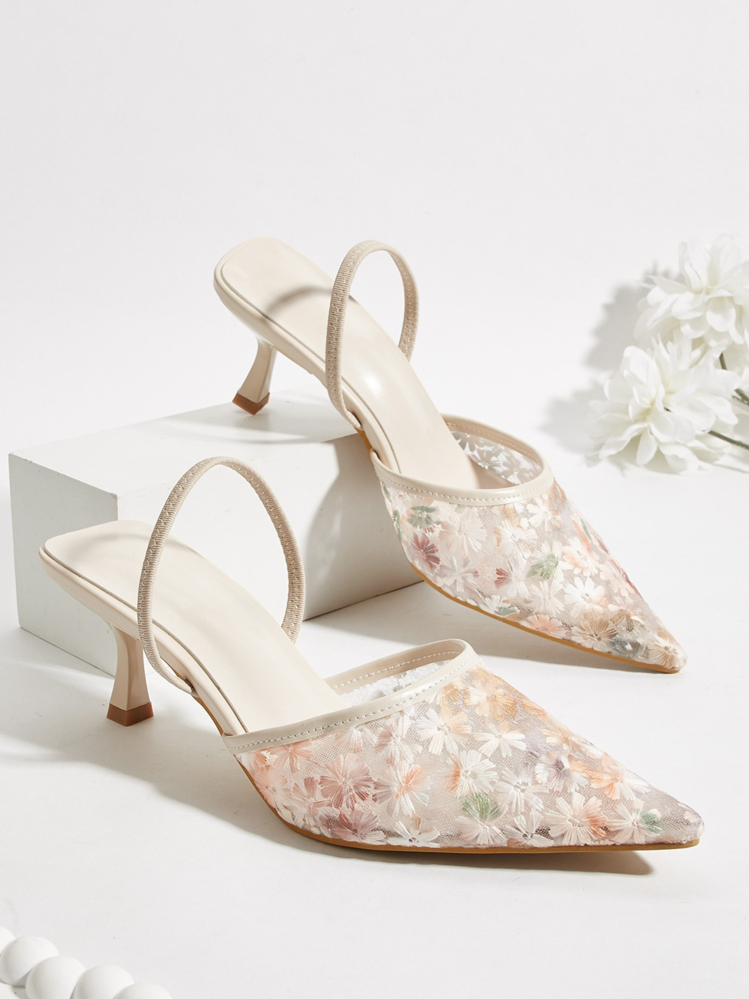 Tirana Floral Mesh Slingback Heels