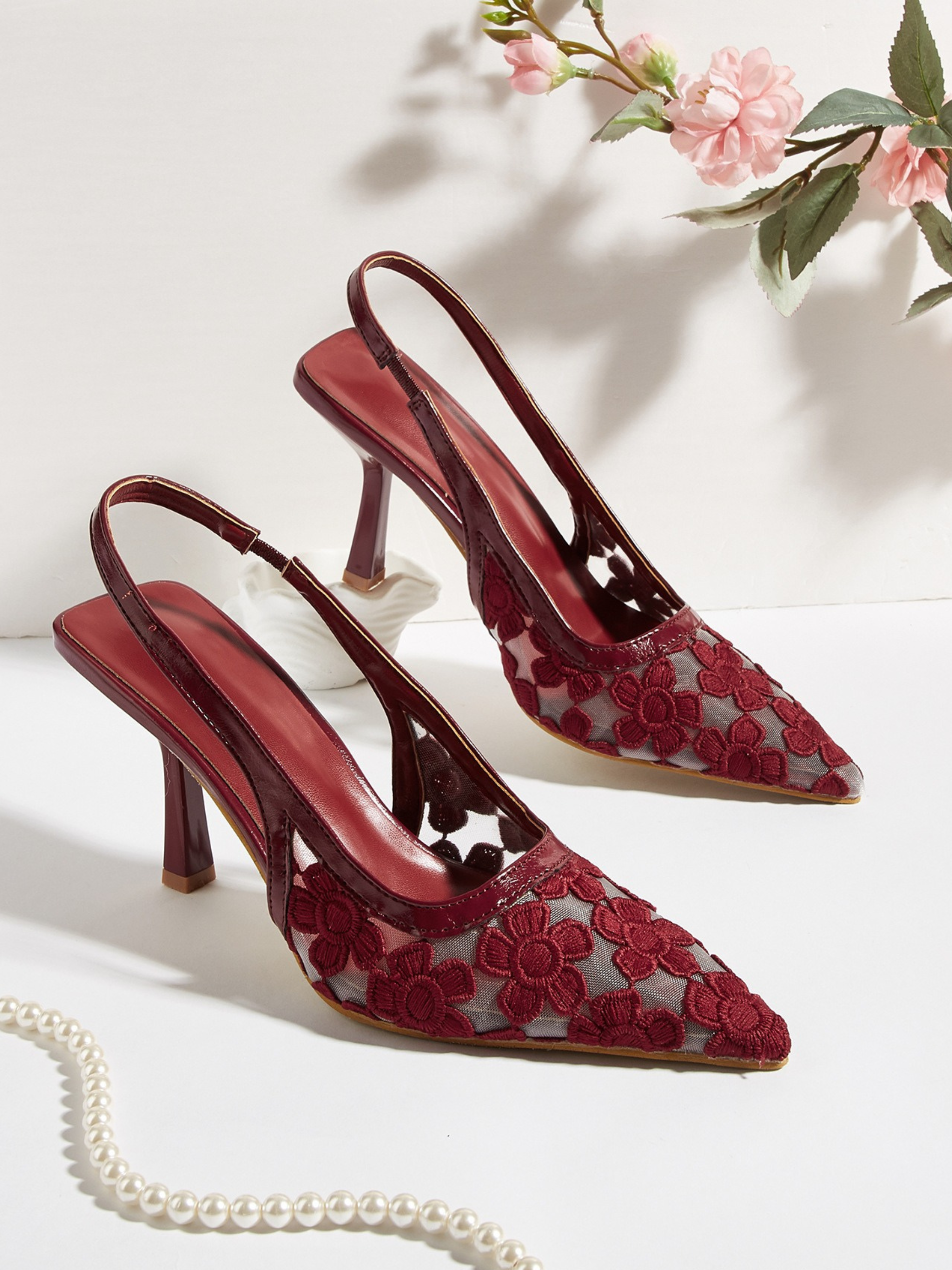 Cirelle Wine Floral Mesh Slingback Heels