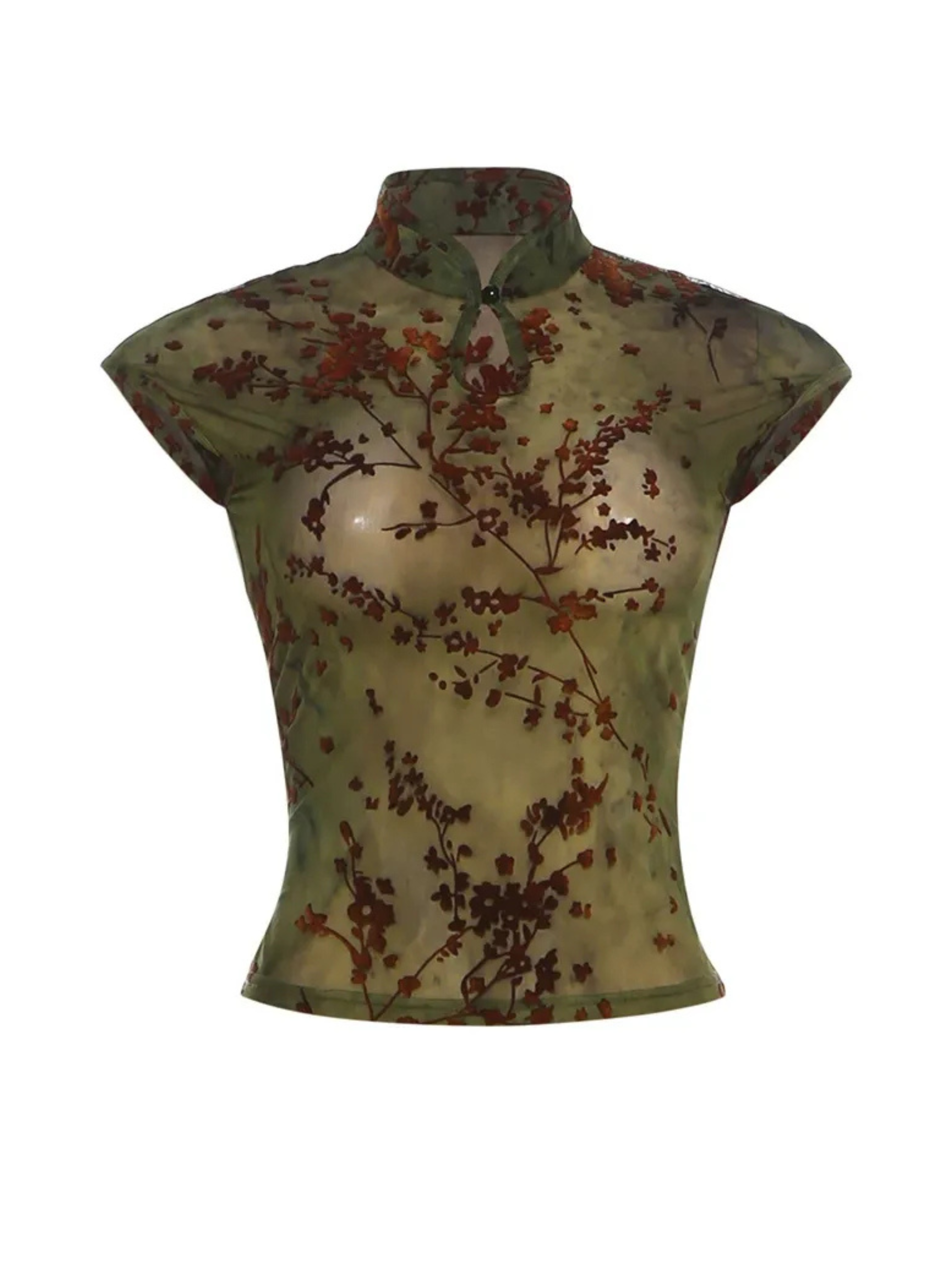 Selia Sheer Floral Mandarin Collar Top