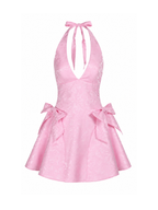 Soline Pink Jacquard Halter Bow Mini Dress