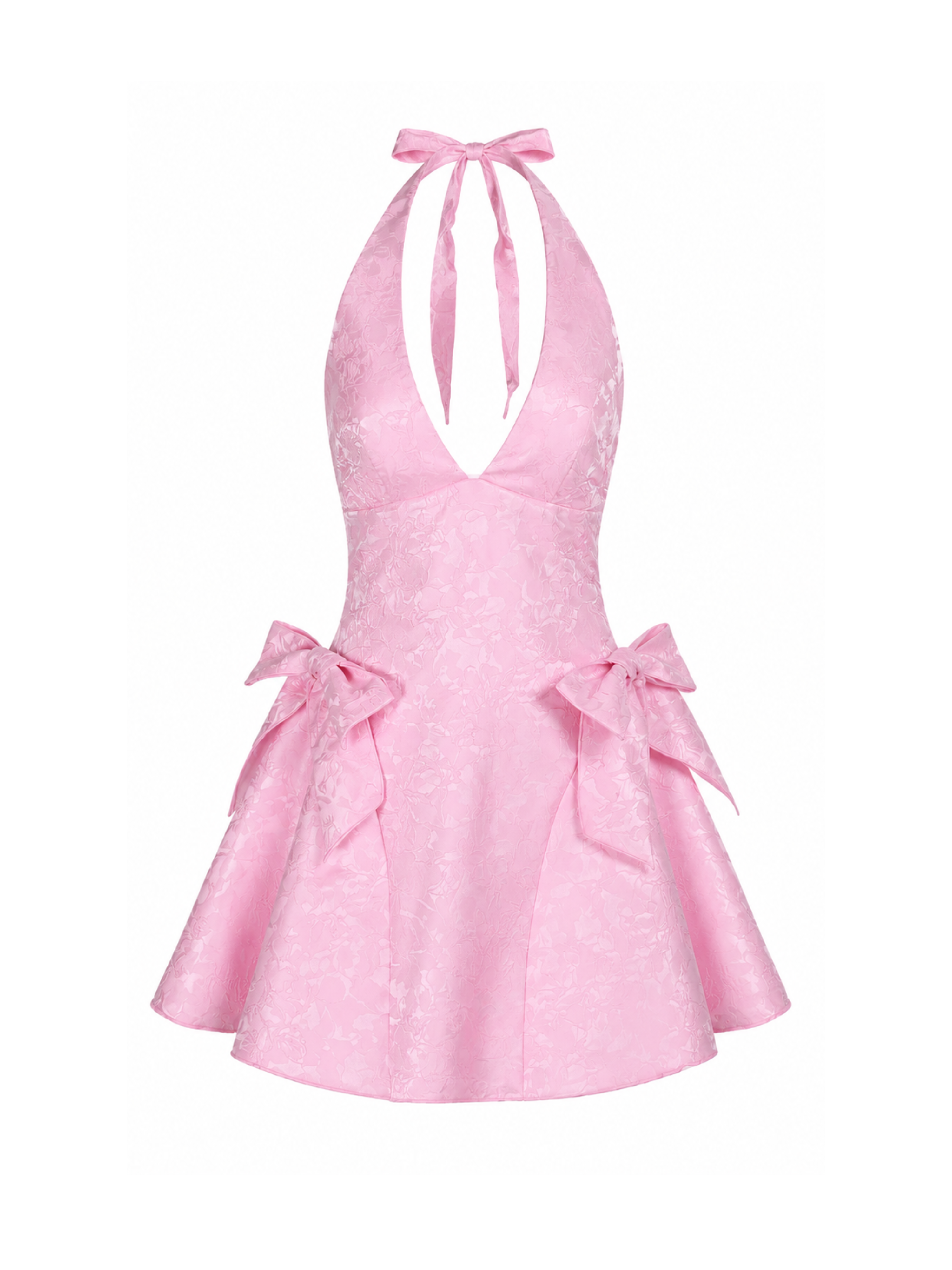 Soline Pink Jacquard Halter Bow Mini Dress