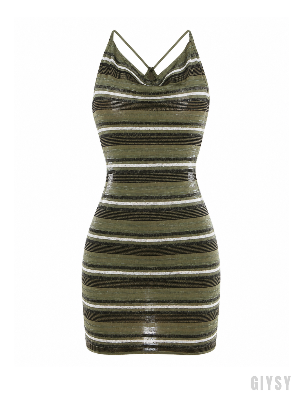 Riley Olive Stripe Open-Back Halter Mini Dress
