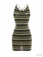 Riley Olive Stripe Open-Back Halter Mini Dress