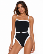 Lorisse Black Contrast Trim Belted Swimsuit