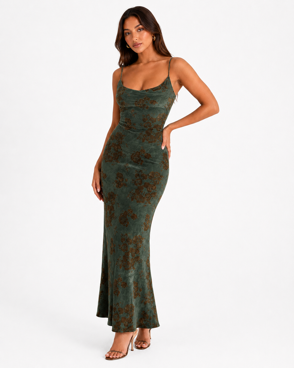 Minara Sage Green Floral Open-Back Maxi Dress