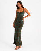Minara Sage Green Floral Open-Back Maxi Dress