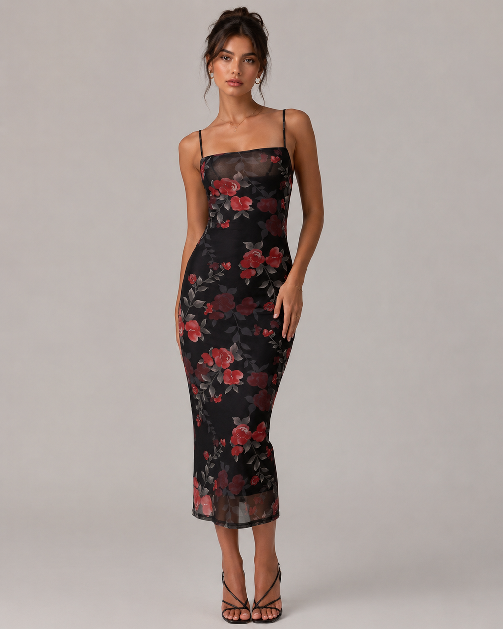 Naelle Black Floral Mesh Cami Midi Dress